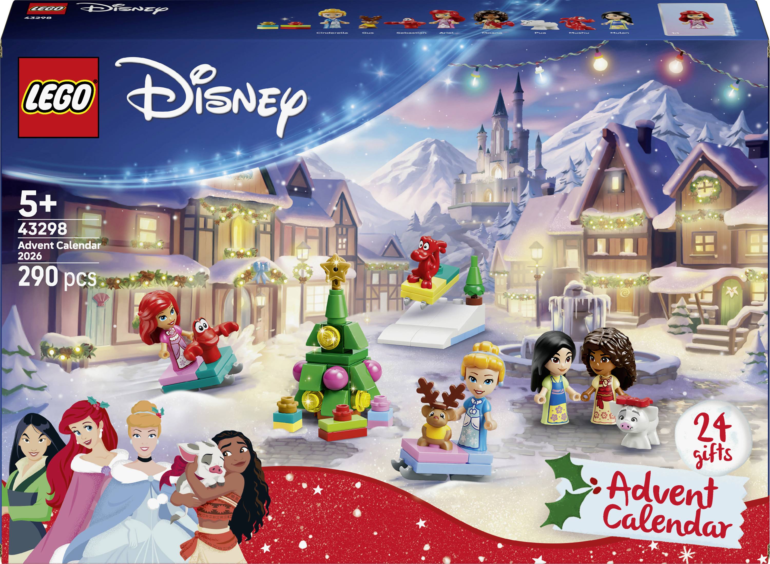 Boîte de calendrier de l'Avent LEGO Disney 2026 montrant 24 cadeaux, 290 pièces, à partir de 5 ans, avec des scènes de princesse Disney et de village de vacances dans la neige.