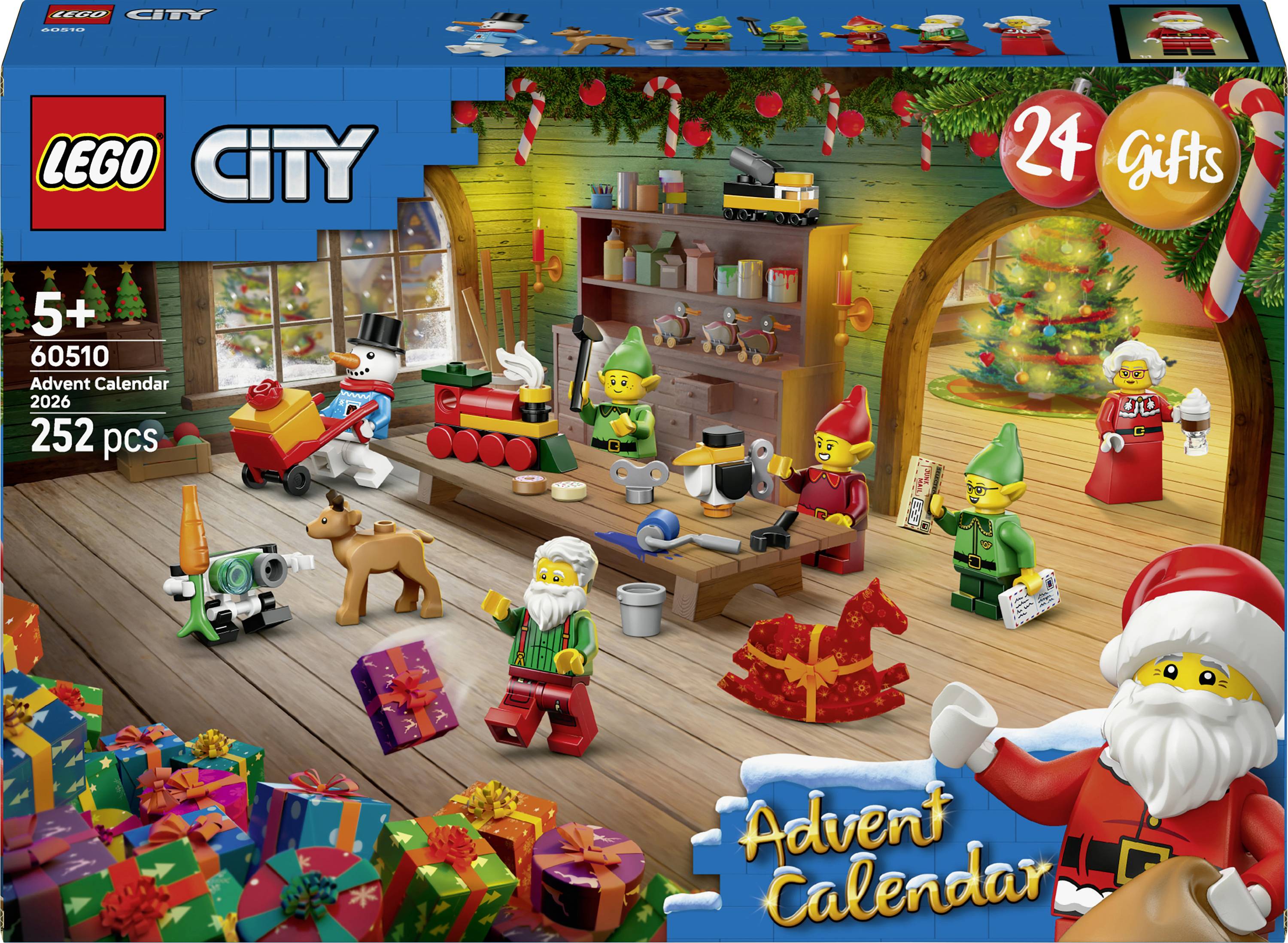 Boîte du Calendrier de l'Avent LEGO City montrant une scène d'atelier de Noël avec le Père Noël, des lutins, des cadeaux, un train et une étiquette « 24 Cadeaux » ; ensemble 60510, 252 pièces, à partir de 5 ans