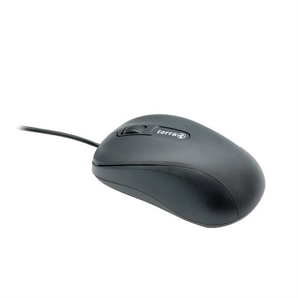 Souris d'ordinateur noire filaire avec le logo Terra sur un fond blanc.