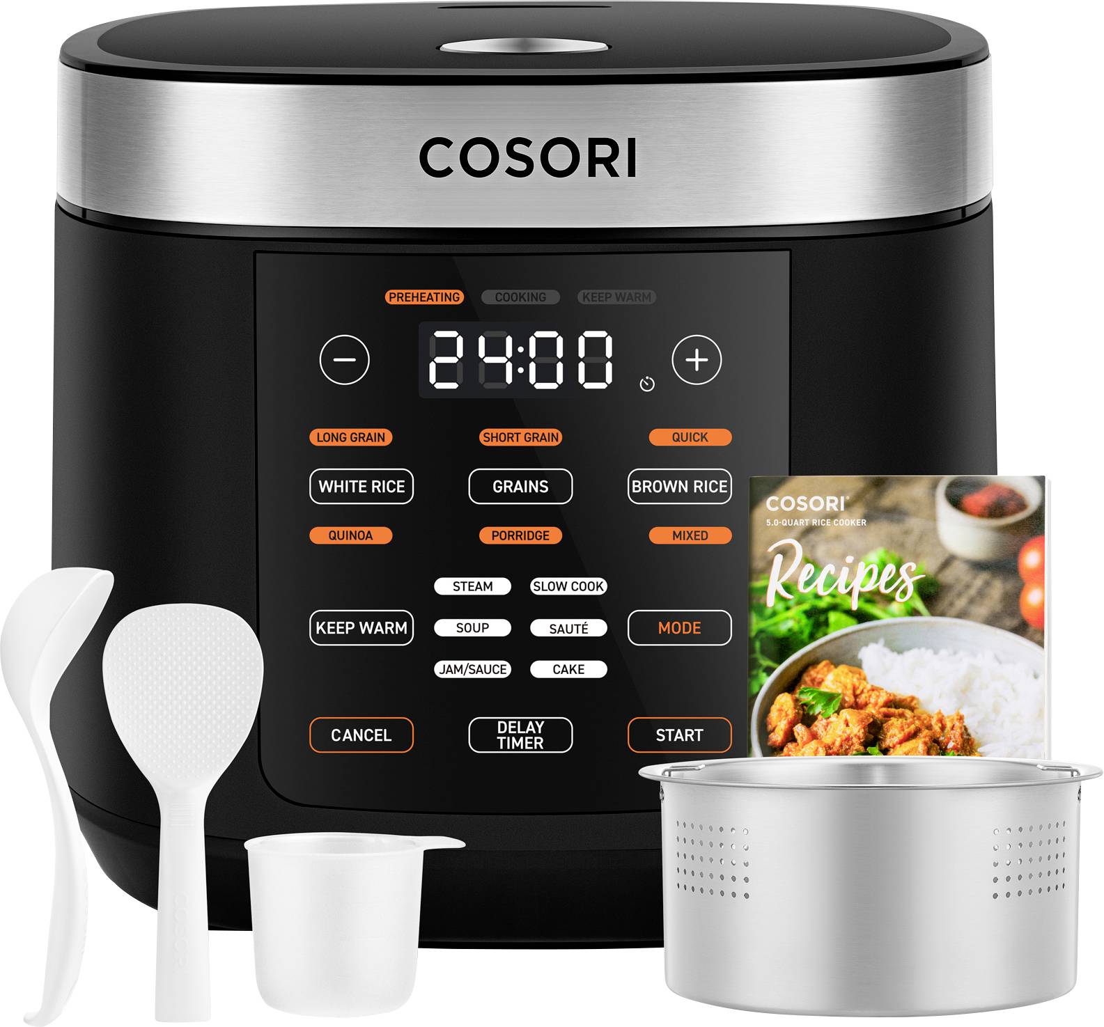 Cuiseur à riz COSORI avec commandes numériques et accessoires, incluant une spatule à riz, un verre doseur, un panier vapeur et un livret de recettes.