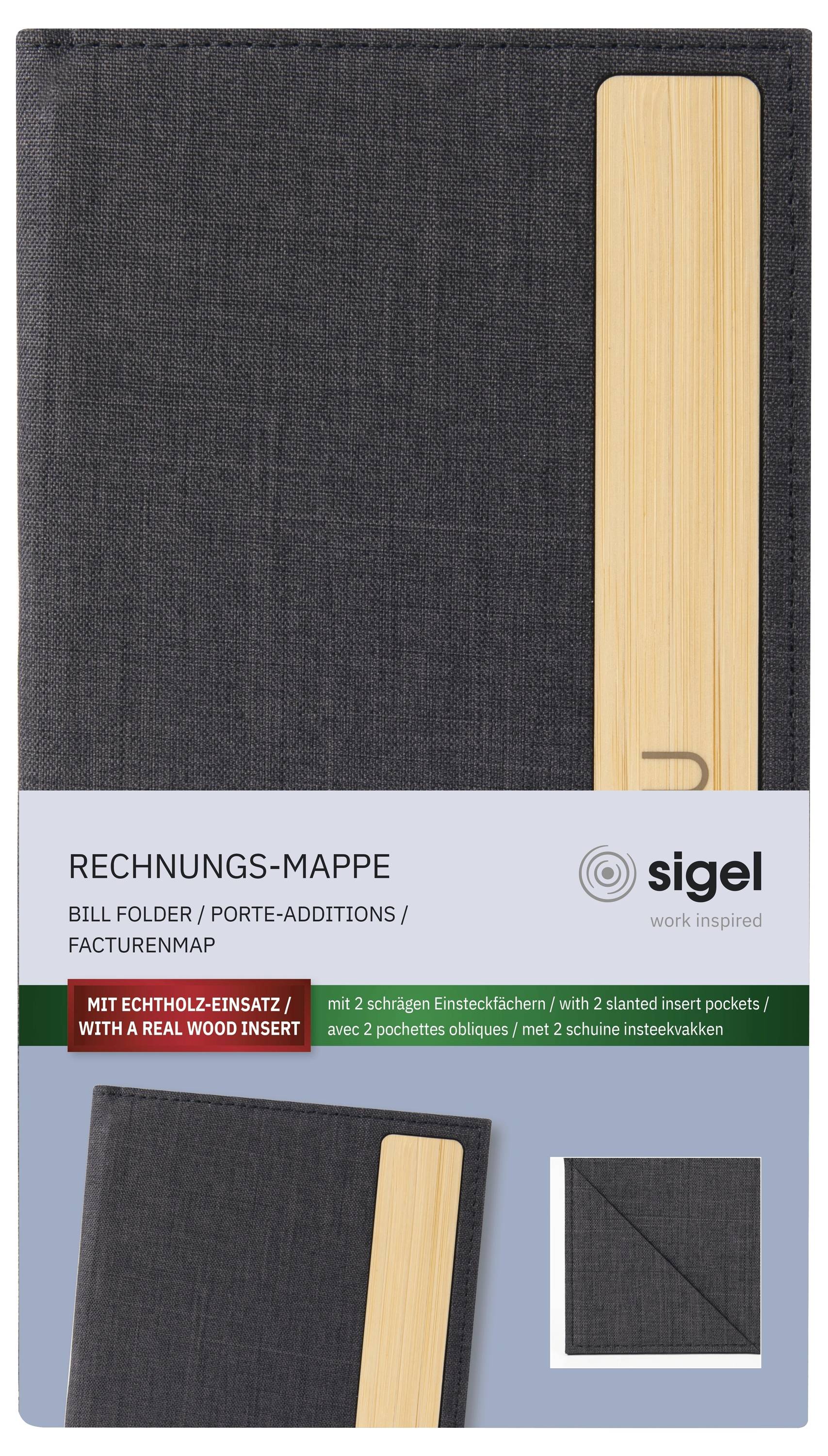 Product packaging for a 'RECHNUNGS-MAPPE' bill folder with a dark fabric cover and real wood insert, shown with Sigel branding and sample views.
