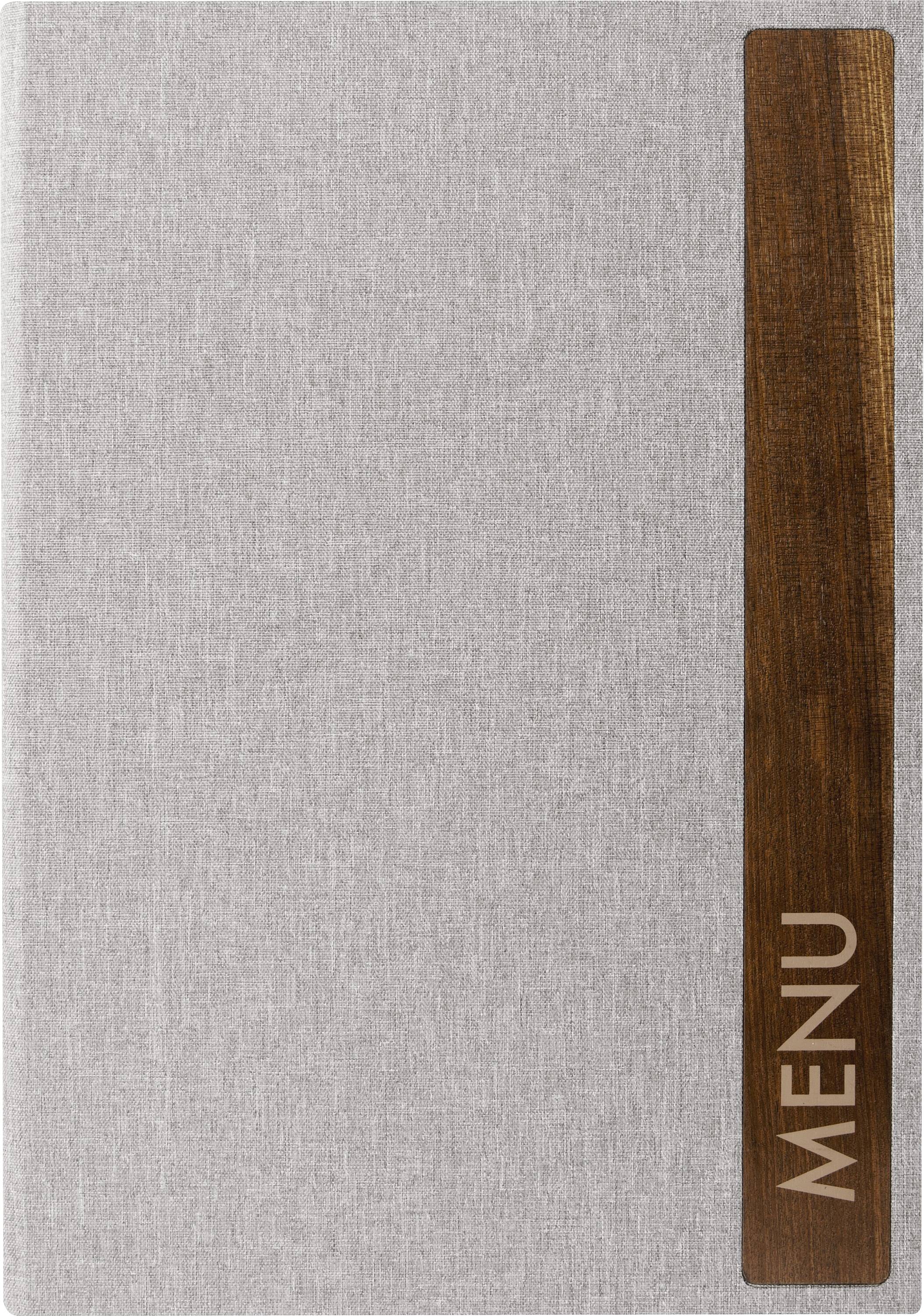 Couverture de menu en tissu gris fermée avec une tranche en cuir marron vertical étiquetée « MENU » sur la droite.