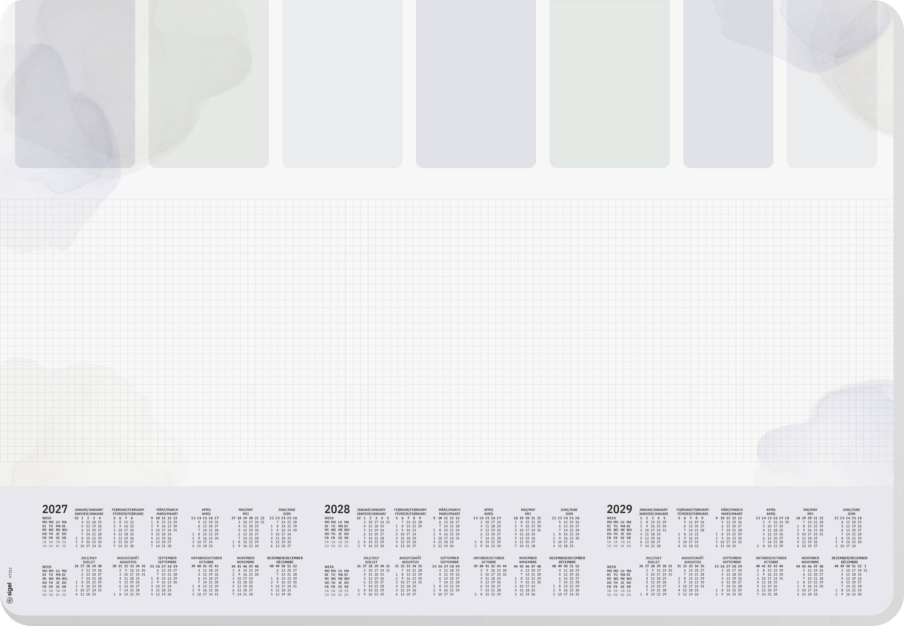 Modèle de calendrier vierge 2027-2029 avec panneaux d'en-tête pastel et petites grilles de dates mensuelles le long du bas