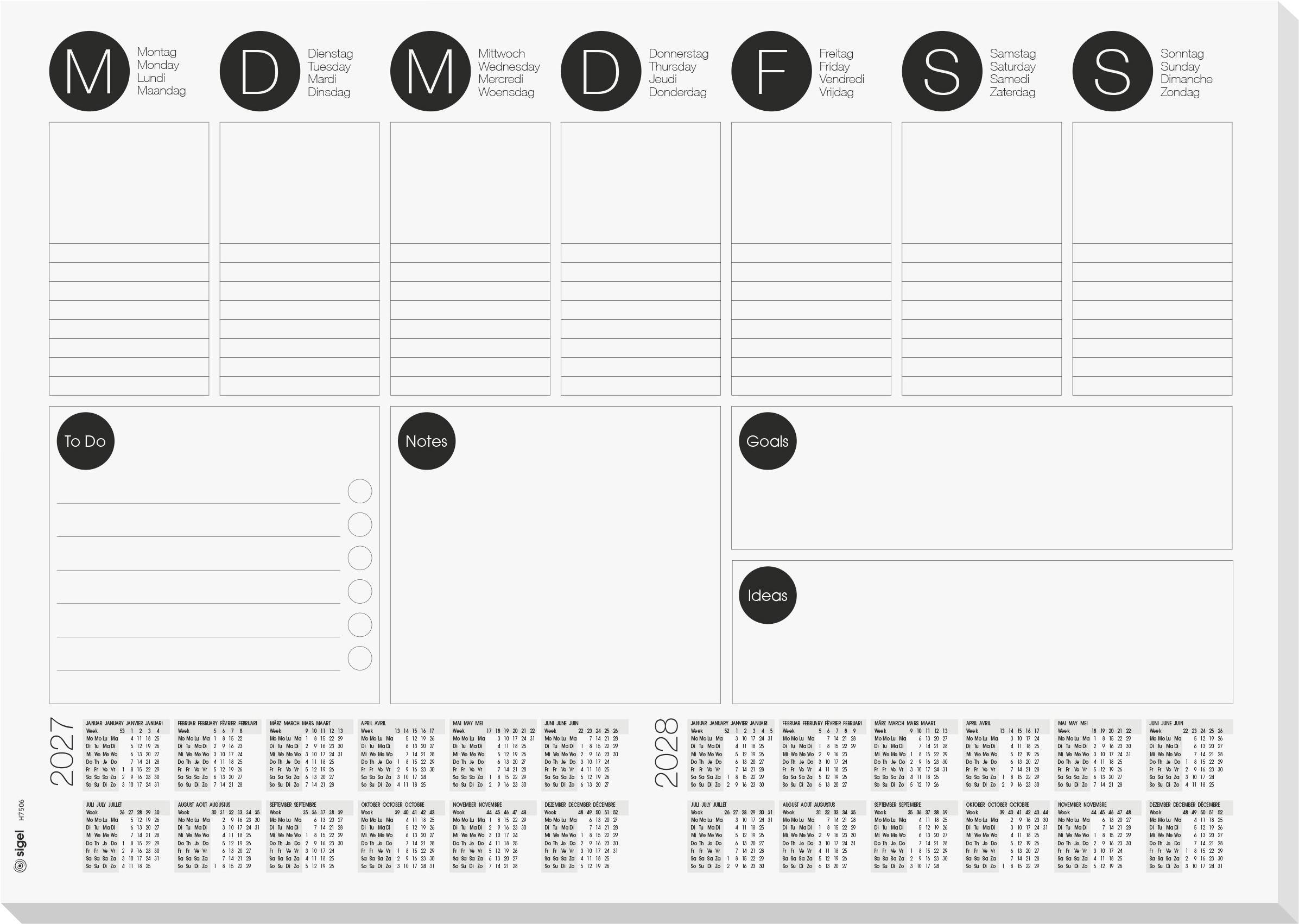 Modèle de planificateur hebdomadaire vierge avec sept colonnes de jours étiquetées du lundi au dimanche, sections pour À faire, Notes, Objectifs et Idées, et mini-calendriers 2027-2028 en bas.