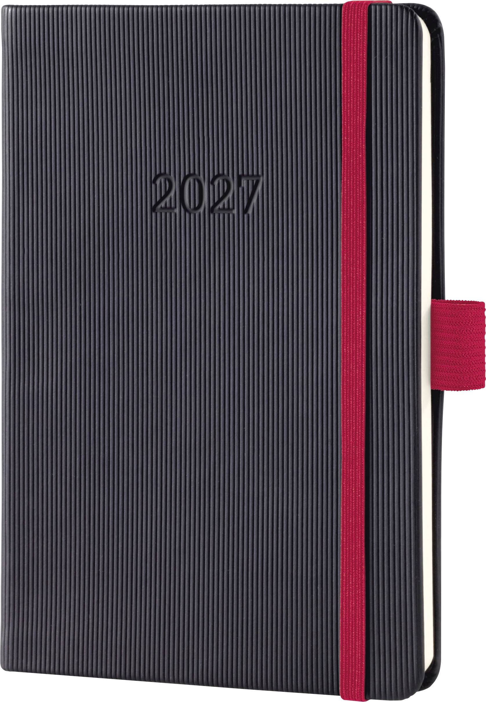 Carnet de planification 2027 noir avec couverture à nervures verticales, bande élastique rouge et ruban signet rouge.