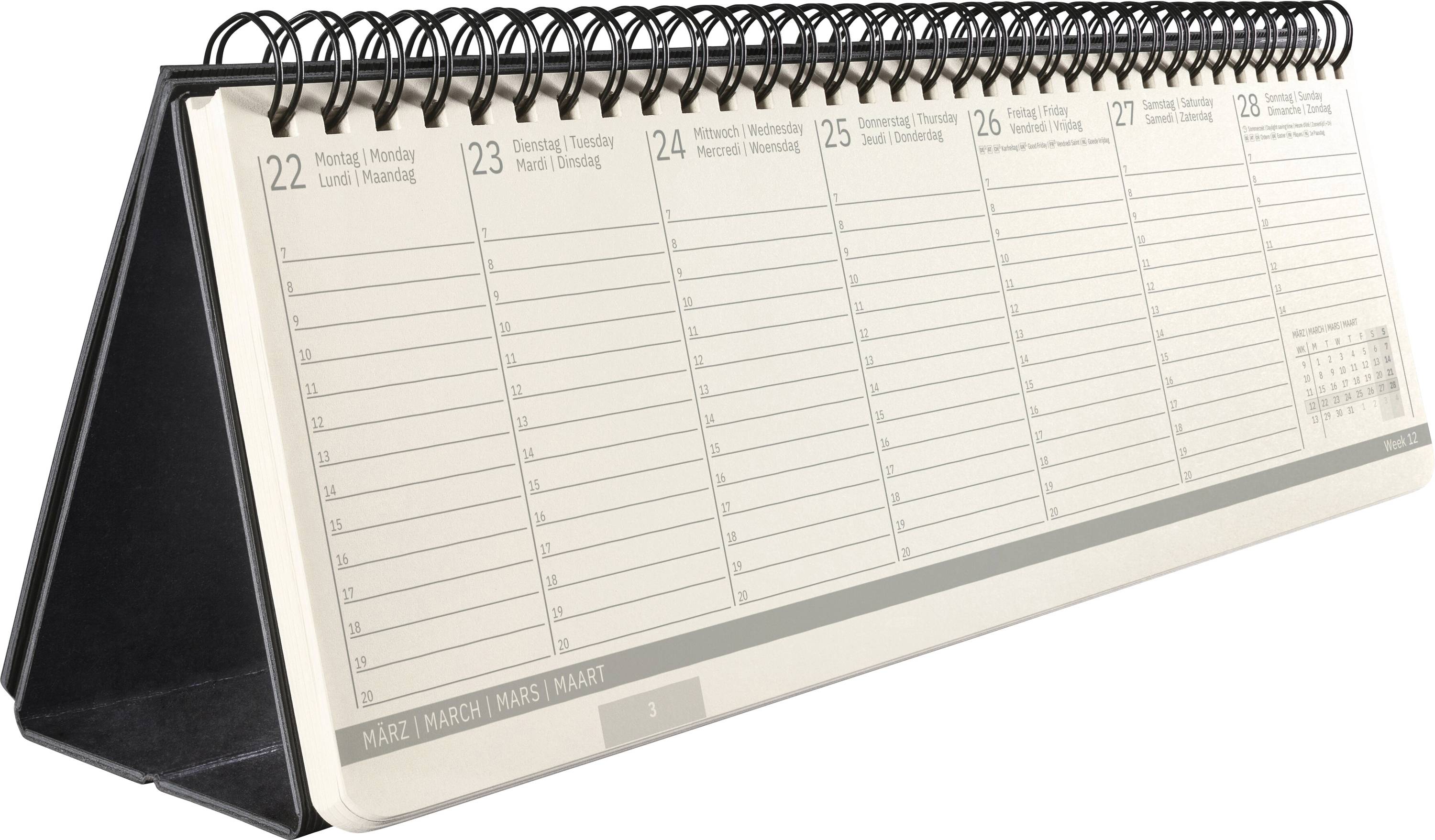 Calendrier de planification de bureau à reliure spirale affichant les dates hebdomadaires et les colonnes de planification lignées sur un support triangulaire.