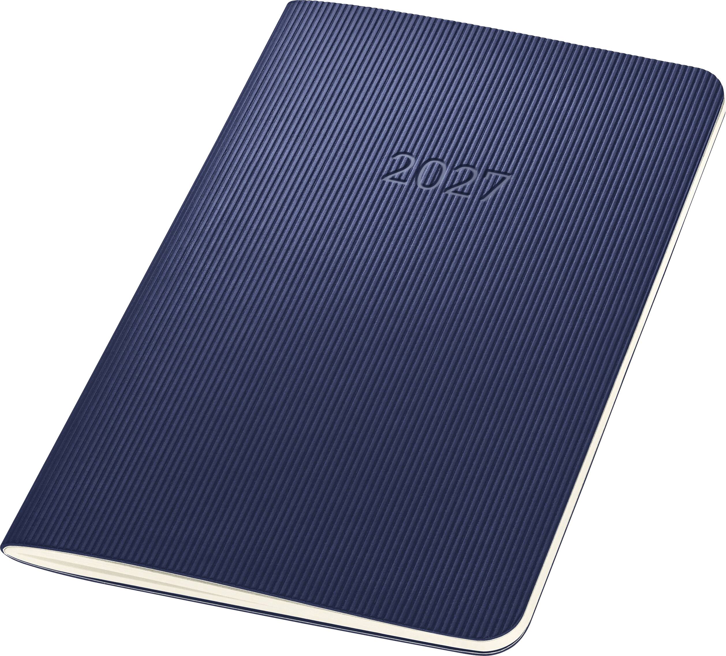 Carnet ou agenda 2027 à rayures bleues avec coins arrondis, montré fermé sur un fond blanc.
