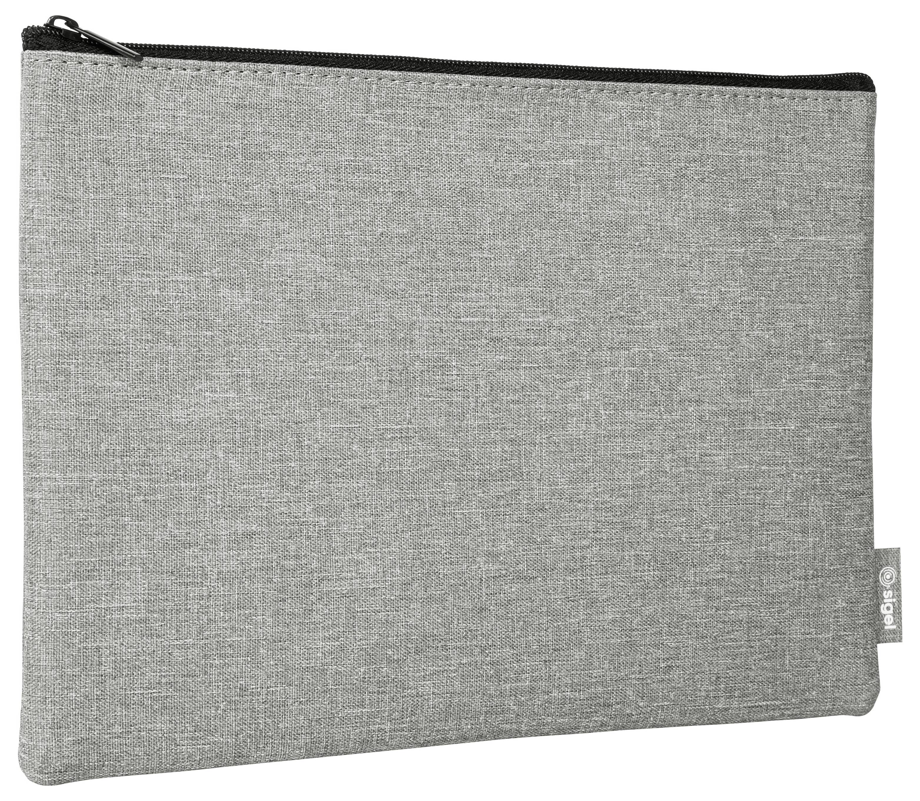 Pochette en tissu gris à fermeture éclair avec une fermeture éclair noire et une petite étiquette latérale, présentée sur un fond blanc.