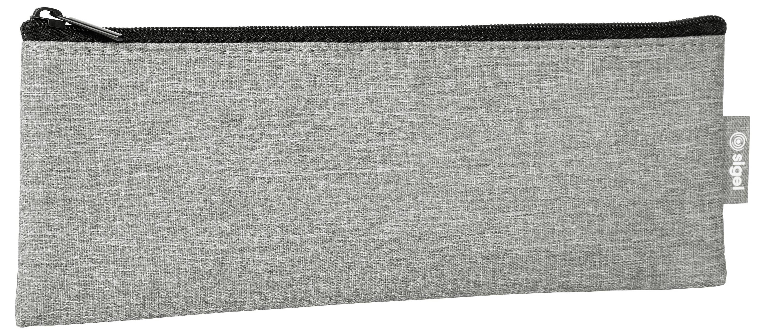 Pochette grise en tissu à fermeture éclair avec une languette latérale étiquetée « sigel » pour ranger des documents ou de petits objets