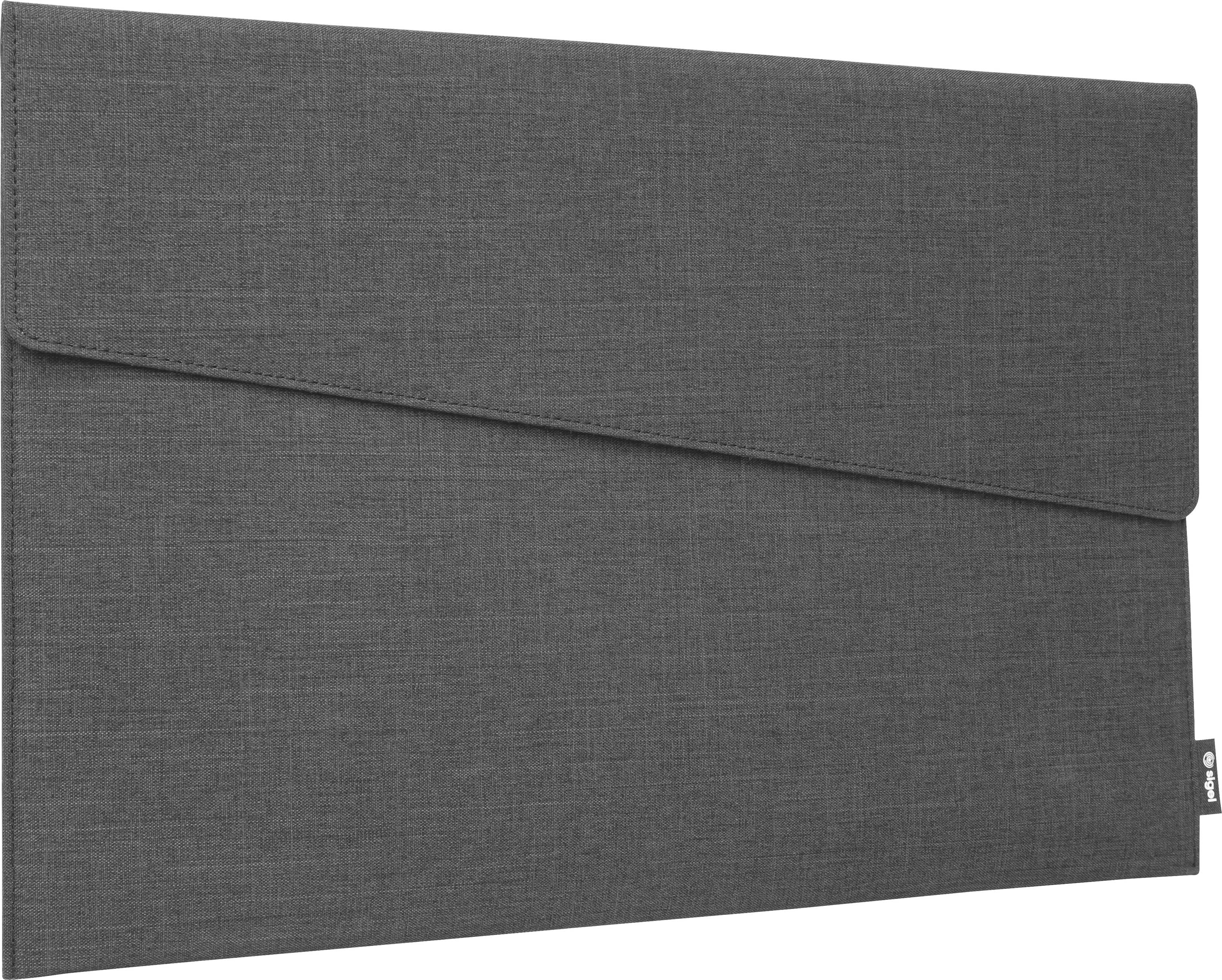 Housse pour ordinateur portable en tissu gris avec fermeture à rabat et petite étiquette latérale