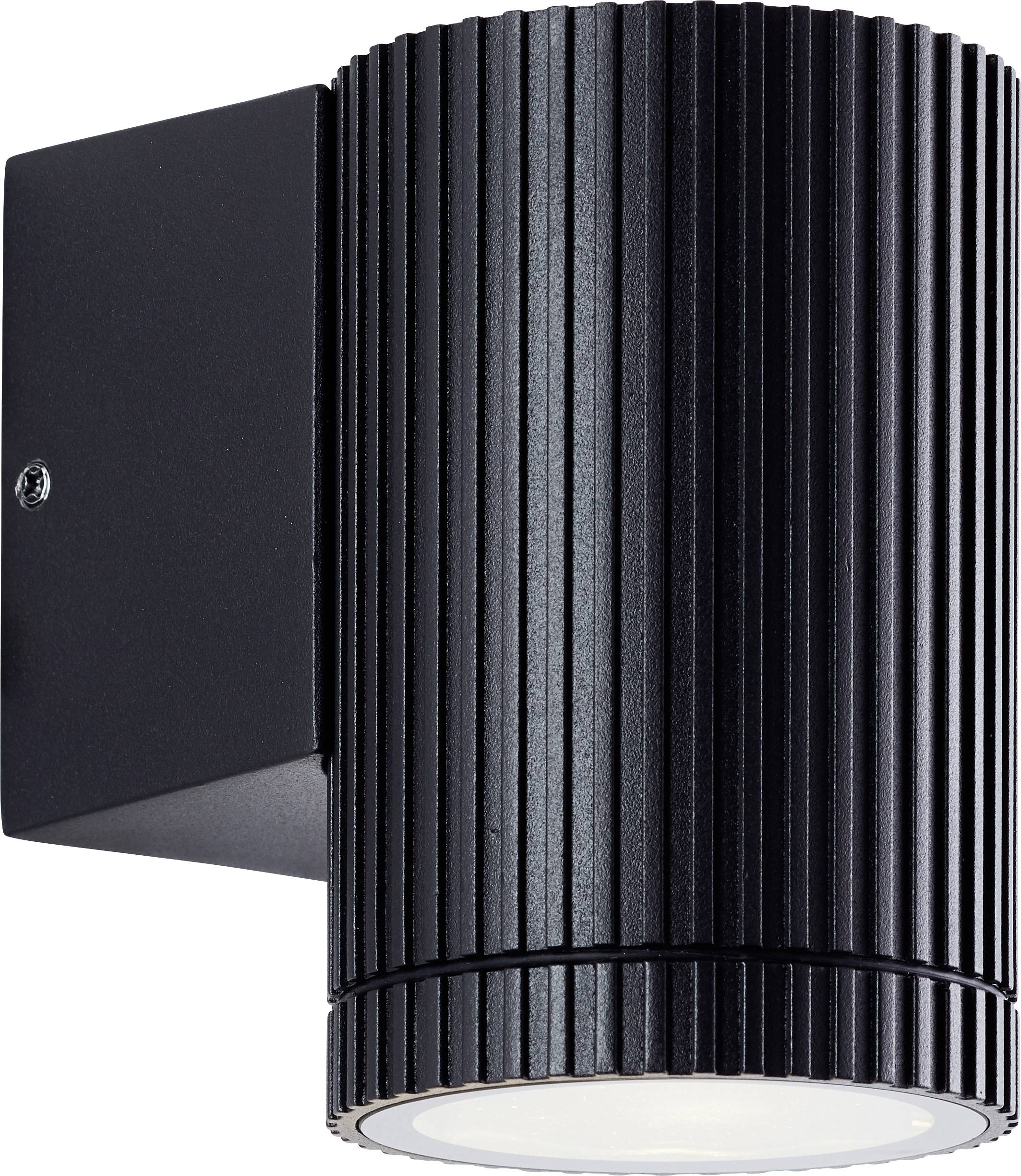Luminaire d'extérieur mural cylindrique noir avec boîtier nervuré et diffuseur blanc en dessous.