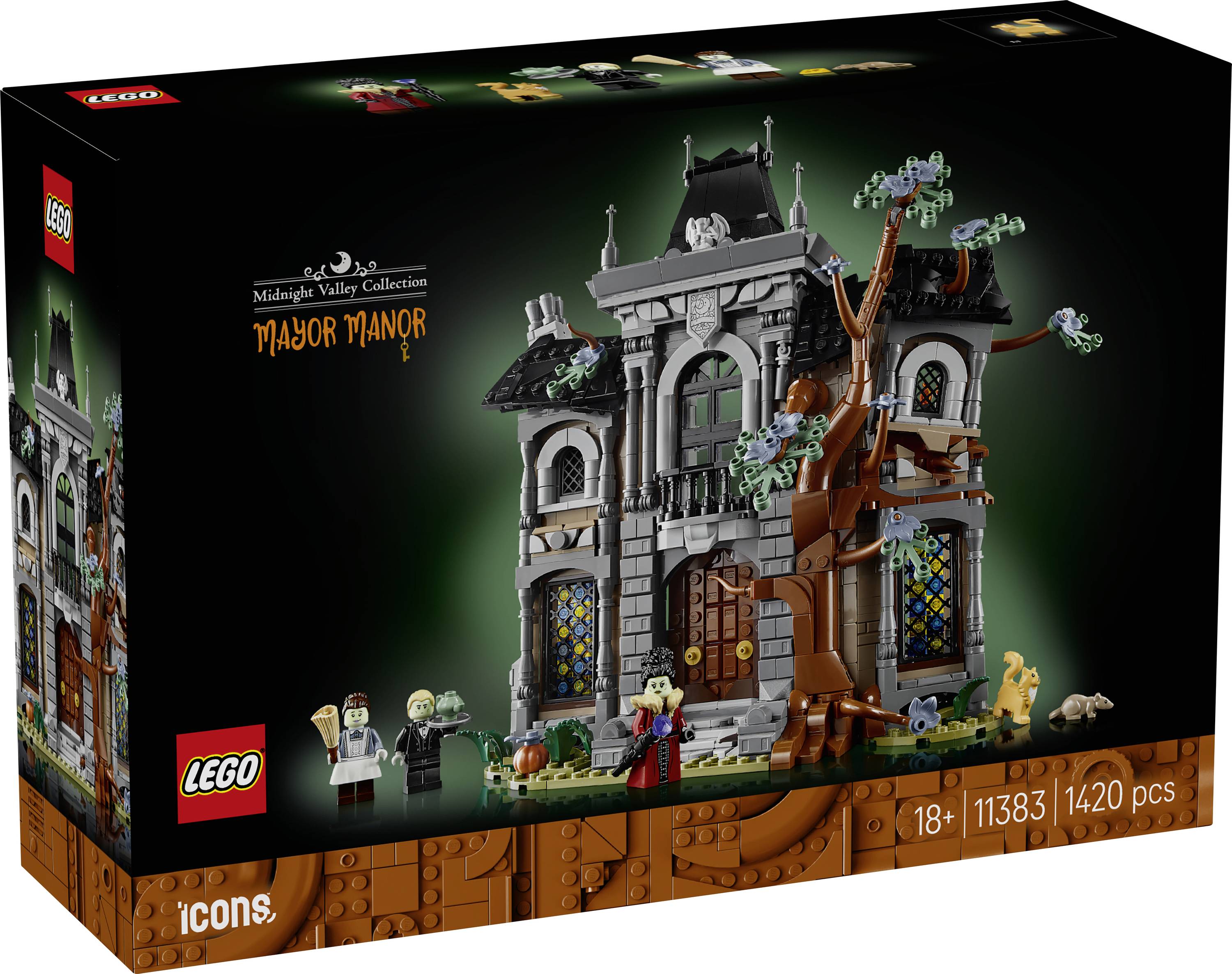 Ensemble LEGO Icons « Major Manor » de la collection Midnight Valley montrant un modèle de manoir sinistre, à partir de 18 ans, ensemble 11383, 1420 pièces.