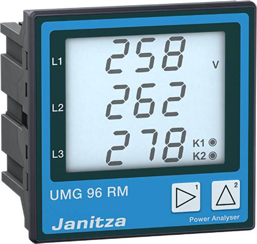 Analyseur de puissance Janitza UMG 96 RM affichant trois lectures de tension : L1 258 V, L2 262, L3 278, avec les indicateurs K1 et K2.
