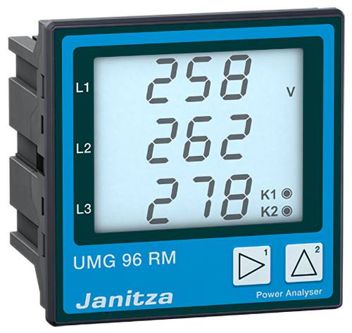 Affichage d'analyseur de puissance numérique montrant trois relevés de tension : L1 258 V, L2 262 et L3 278, identifié par le label « UMG 96 RM » de Janitza.