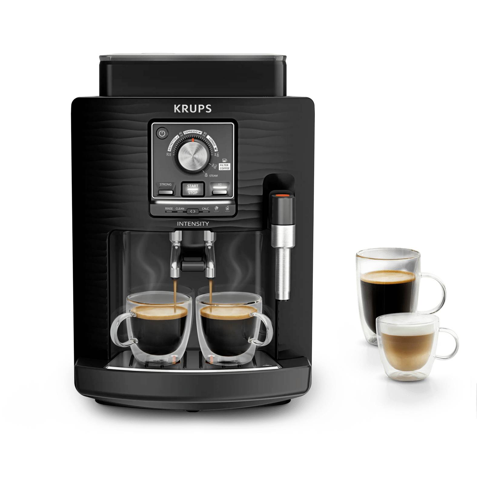Schwarze KRUPS Espressomaschine, die zwei Tassen brüht, mit einem Milchaufschäumer auf der Seite und zwei gefüllten Kaffeetassen daneben.