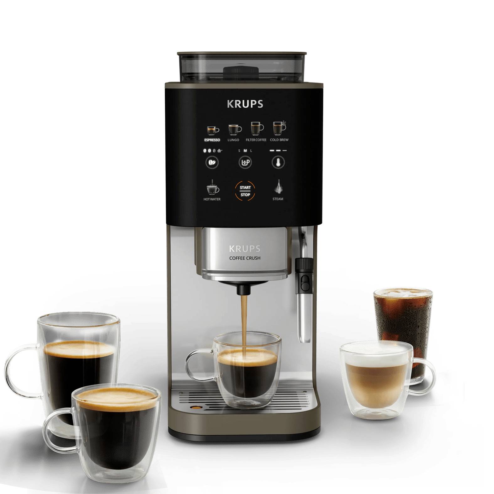 KRUPS Automatische Kaffeemaschine braut Espresso, mit mehreren gefüllten Glastassen mit Kaffee und Milchgetränken, die darum herum angeordnet sind.