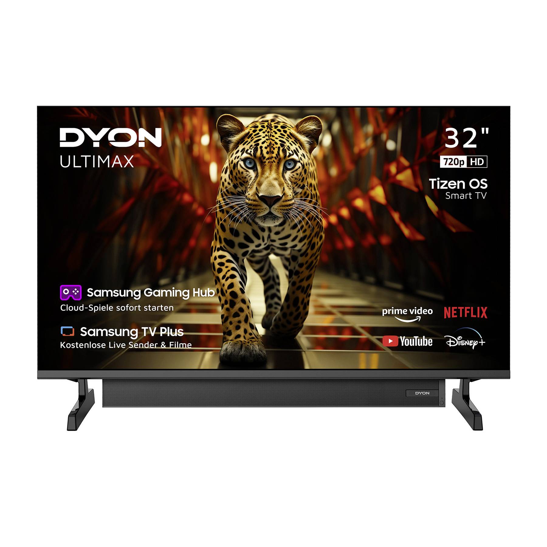 Smart-TV DYON Ultimax 32 pouces avec image léopard, 720p HD et Tizen OS ; promeut Samsung Gaming Hub, TV Plus, Prime Video, Netflix, YouTube et Disney+