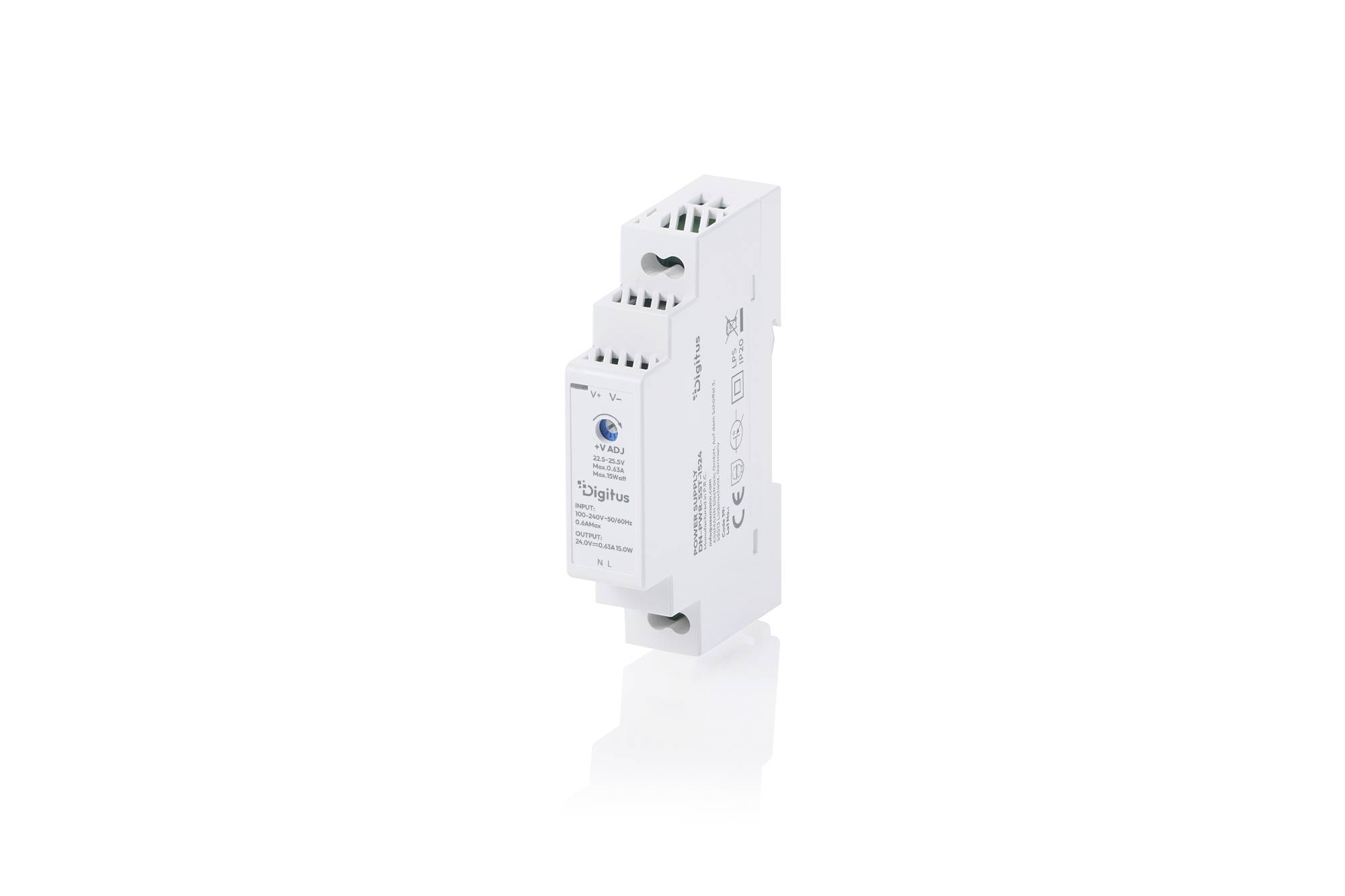 Module électrique blanc sur rail DIN montré en isolation sur fond blanc, un petit relais compact ou dispositif de commande avec des ouvertures terminales.