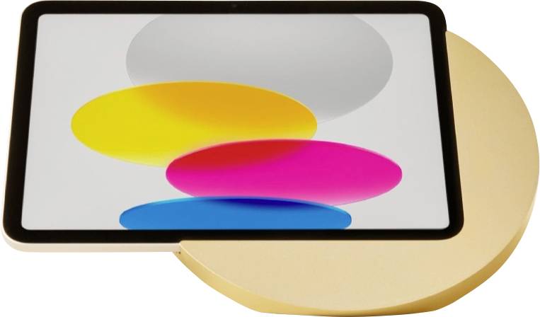 Tablette affichant trois ovales de couleurs différentes qui se chevauchent sur un écran blanc, avec une forme circulaire dorée derrière.