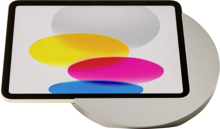 Écran de tablette avec des ovales jaunes, roses et bleus qui se chevauchent sur un fond circulaire gris, ressemblant à un logo abstrait coloré.