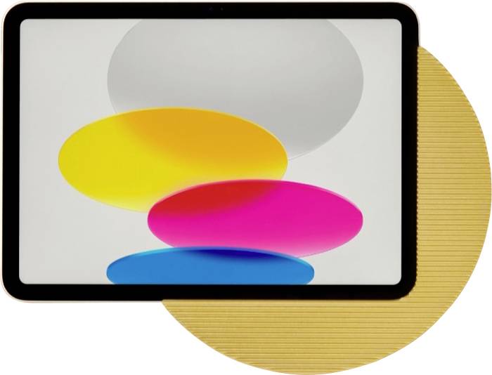 Graphique abstrait d'ovales de couleurs superposées—gris, jaune, rose et bleu—à l'intérieur d'un cadre noir arrondi sur un fond circulaire beige.