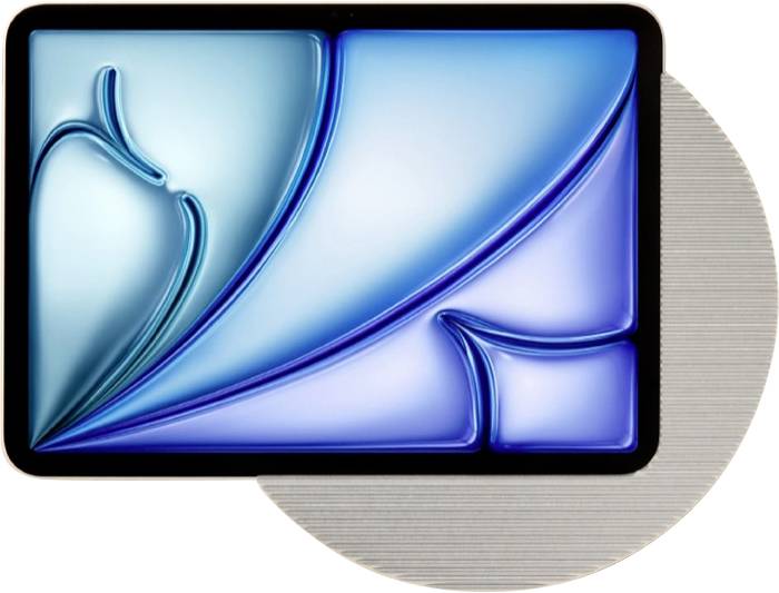 Graphique abstrait de verre bleu avec des formes courbes et superposées à l'intérieur d'un rectangle noir arrondi sur un fond circulaire gris.