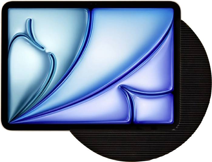 Icône d'application en verre bleu translucide avec des formes courbes fluides sur une base arrondie noire et un arrière-plan en demi-cercle rayé