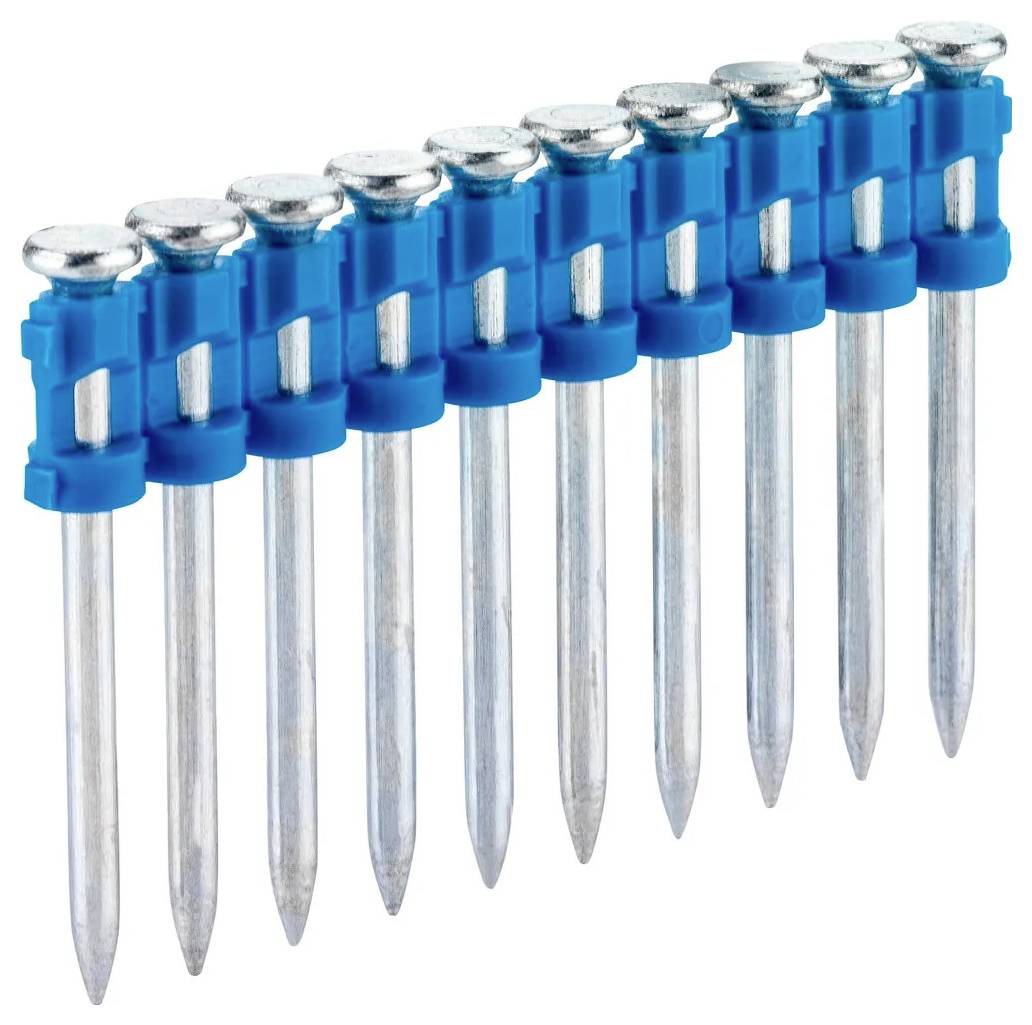 Strip of collated metal nails with blue plastic connectors, arranged in a row for use in a nail gun.