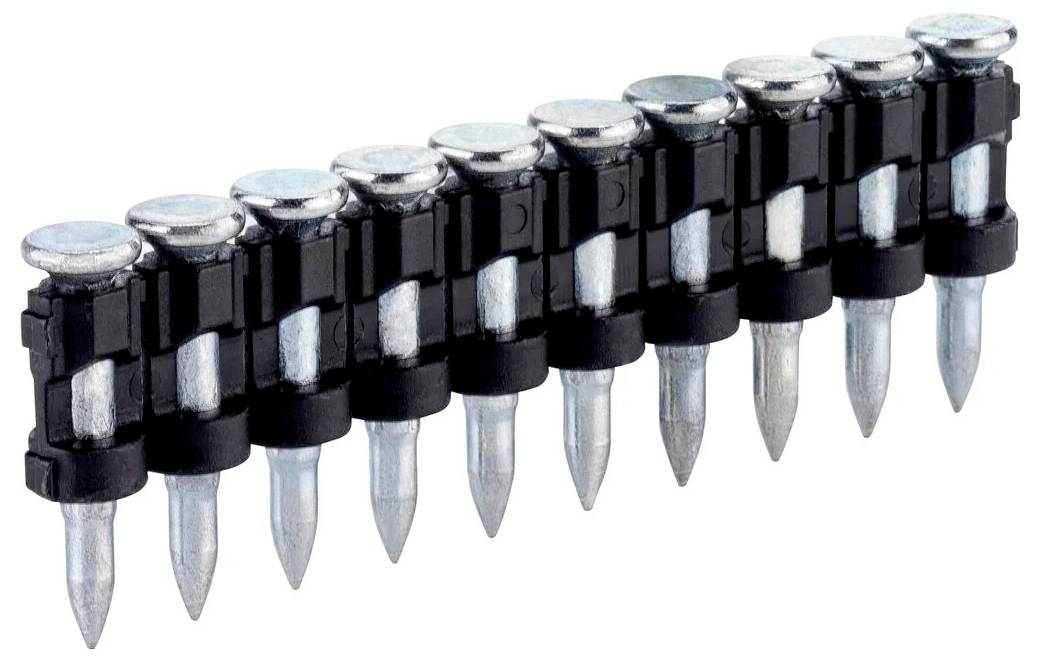 A strip of collated metal nails for a nail gun, shown diagonally on a white background.