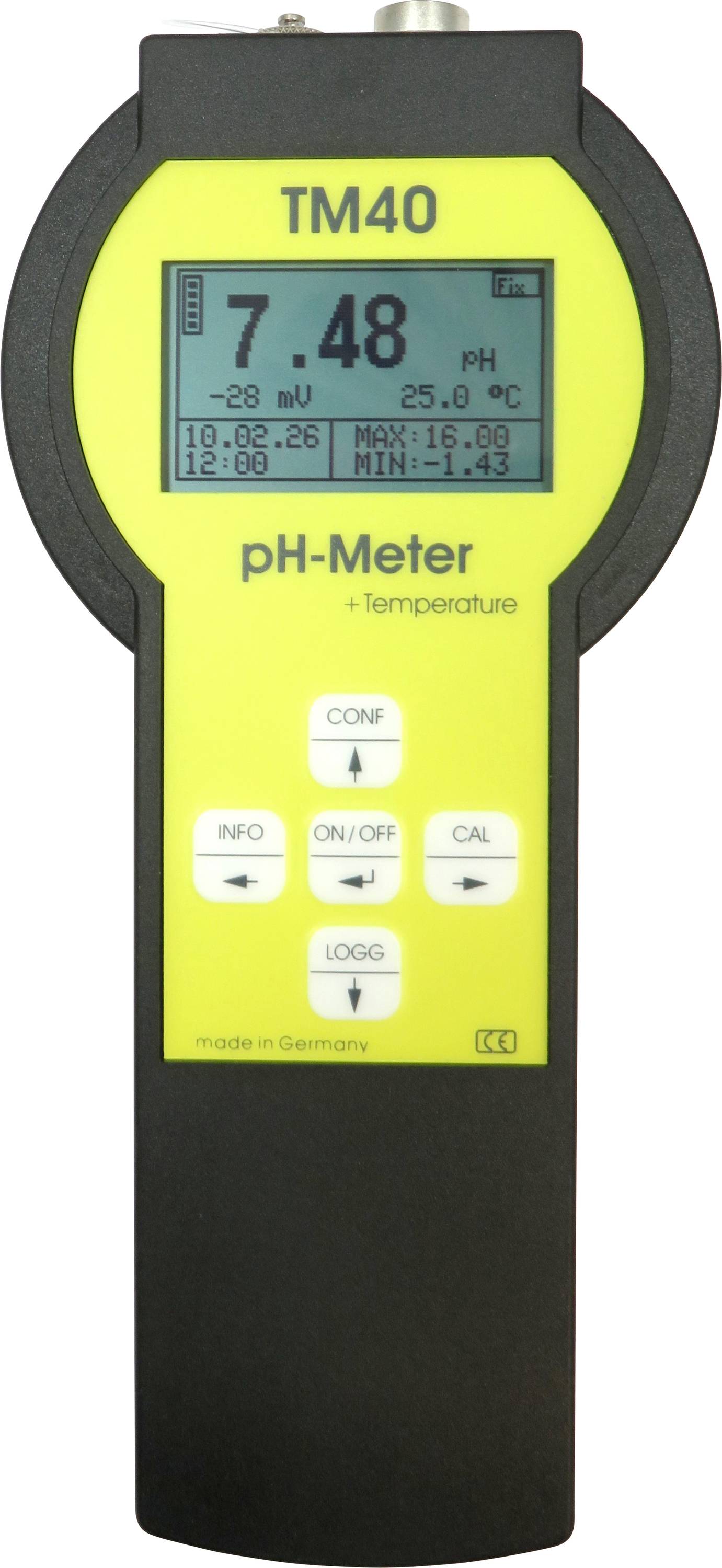 Testeur pH portatif TM40 avec affichage de la température montrant pH 7,48, batterie à 28 %, et lectures de date/heure.
