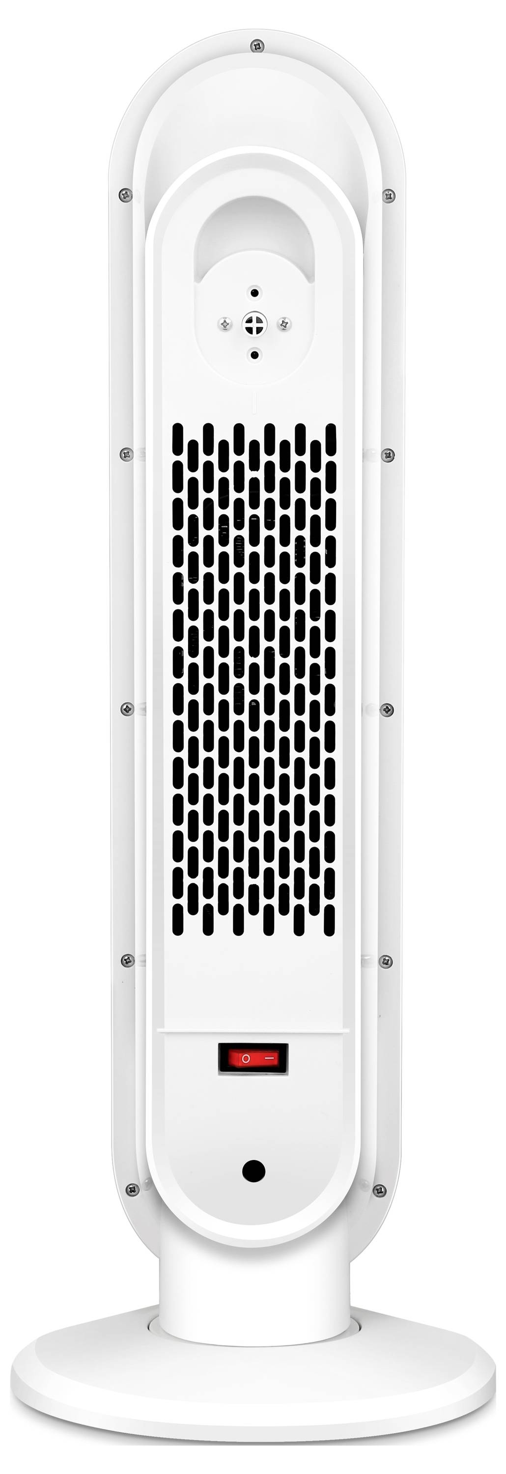 Radiateur soufflant blanc avec grille avant perforée, boutons de commande et voyant d'alimentation rouge sur une base ronde.