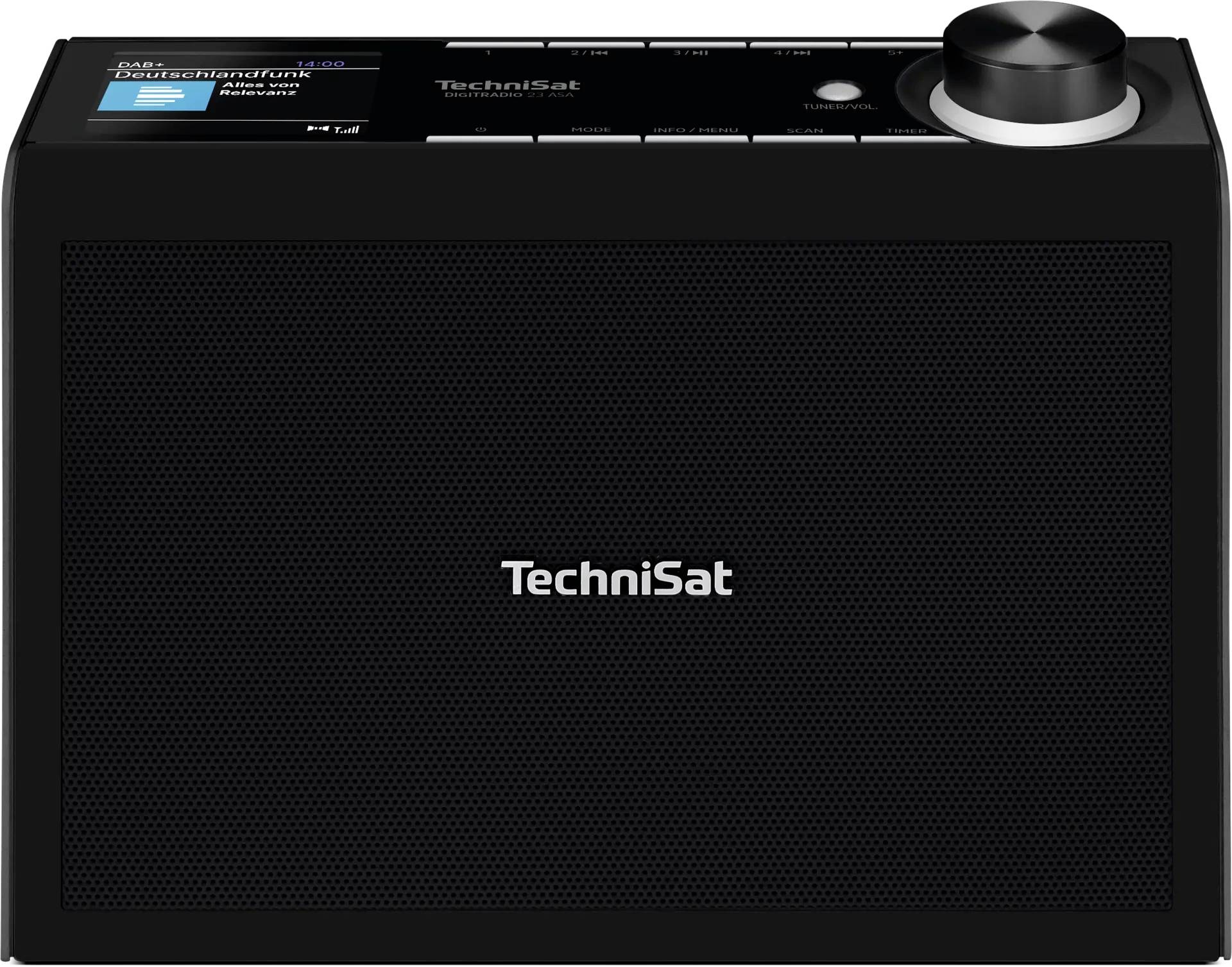 Enceinte radio internet TechniSat noire avec grande grille frontale, écran en haut à gauche et bouton de volume rond en haut à droite.