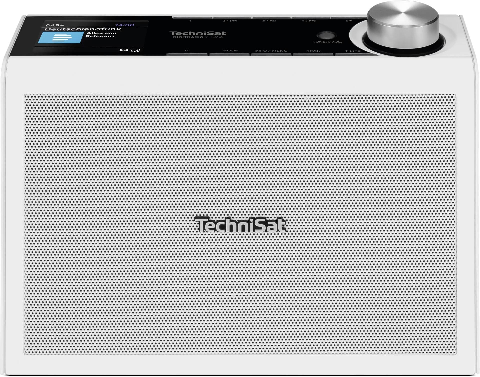 Radio de table Technisat blanche avec grande grille de haut-parleur frontale, affichage en haut et bouton de commande argenté.