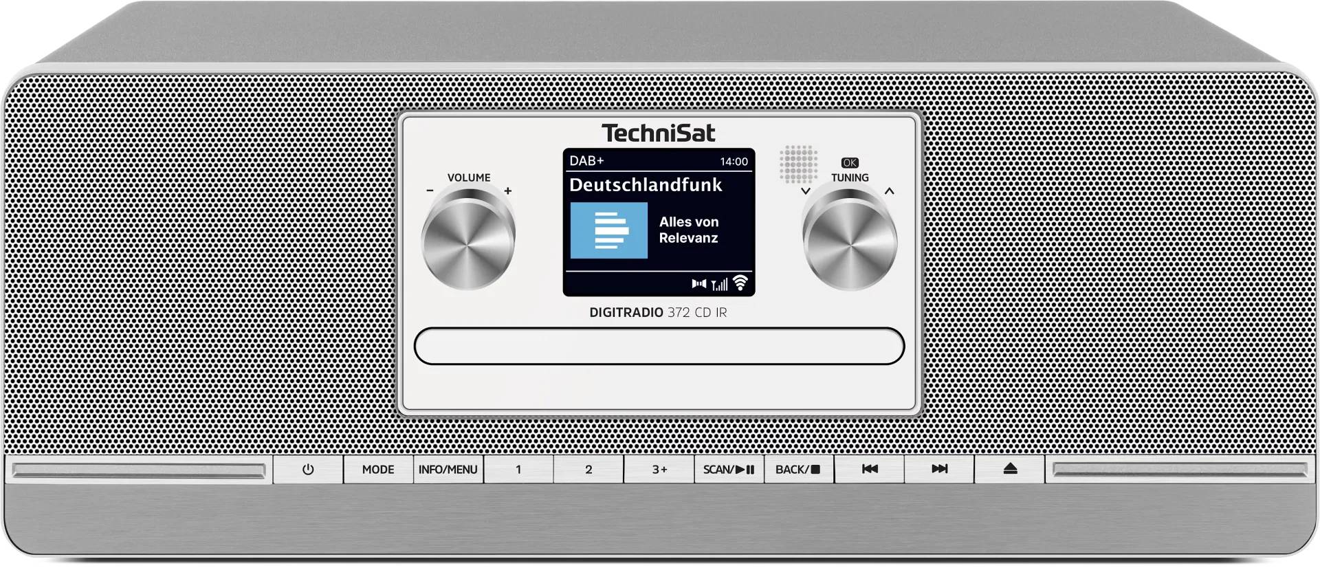 Vue de face d'une radio numérique TechniSat argentée avec grilles de haut-parleur, écran d'affichage, boutons de volume et d'accord, et boutons de présélection.