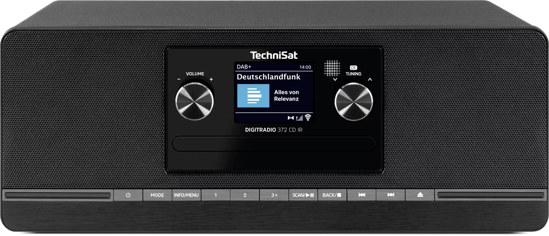 Radiodiffusion numérique TechniSat avec un écran couleur affichant « Deutschlandfunk » et les informations de la station, encadré par deux boutons de commande.