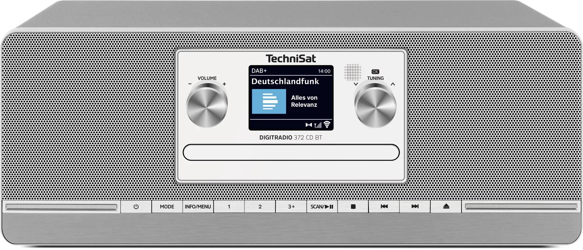 Vue de face d'une radio numérique TechniSat argentée avec un écran affichant « Deutschlandfunk » et des boutons de volume, d'accordage, de mode et de présélection.