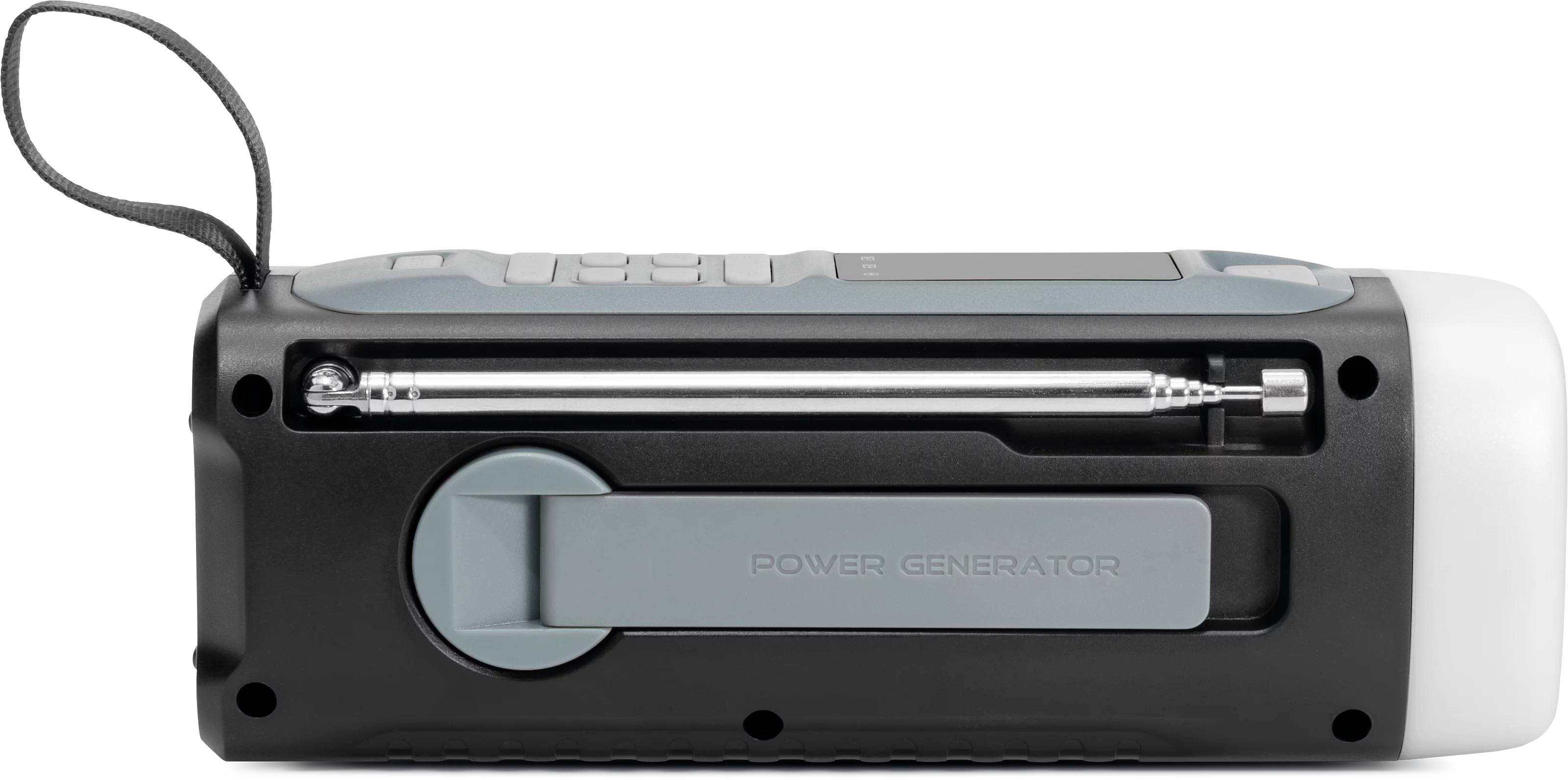 Générateur électrique portable avec une antenne télescopique et une poignée latérale, présenté dans un boîtier noir et gris compact.