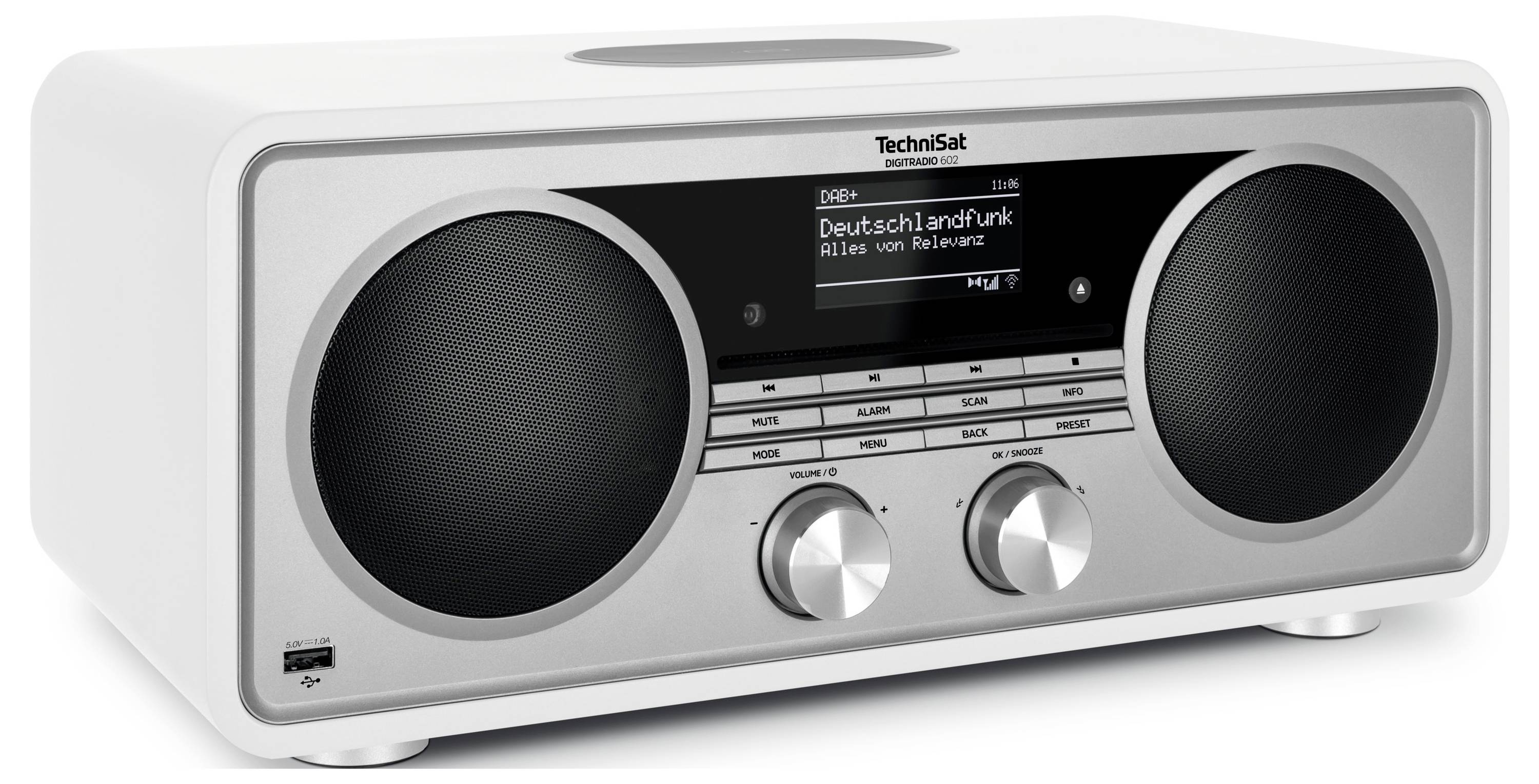 Radio de table Technisat argentée avec deux grands haut-parleurs, écran numérique central et deux boutons de commande.