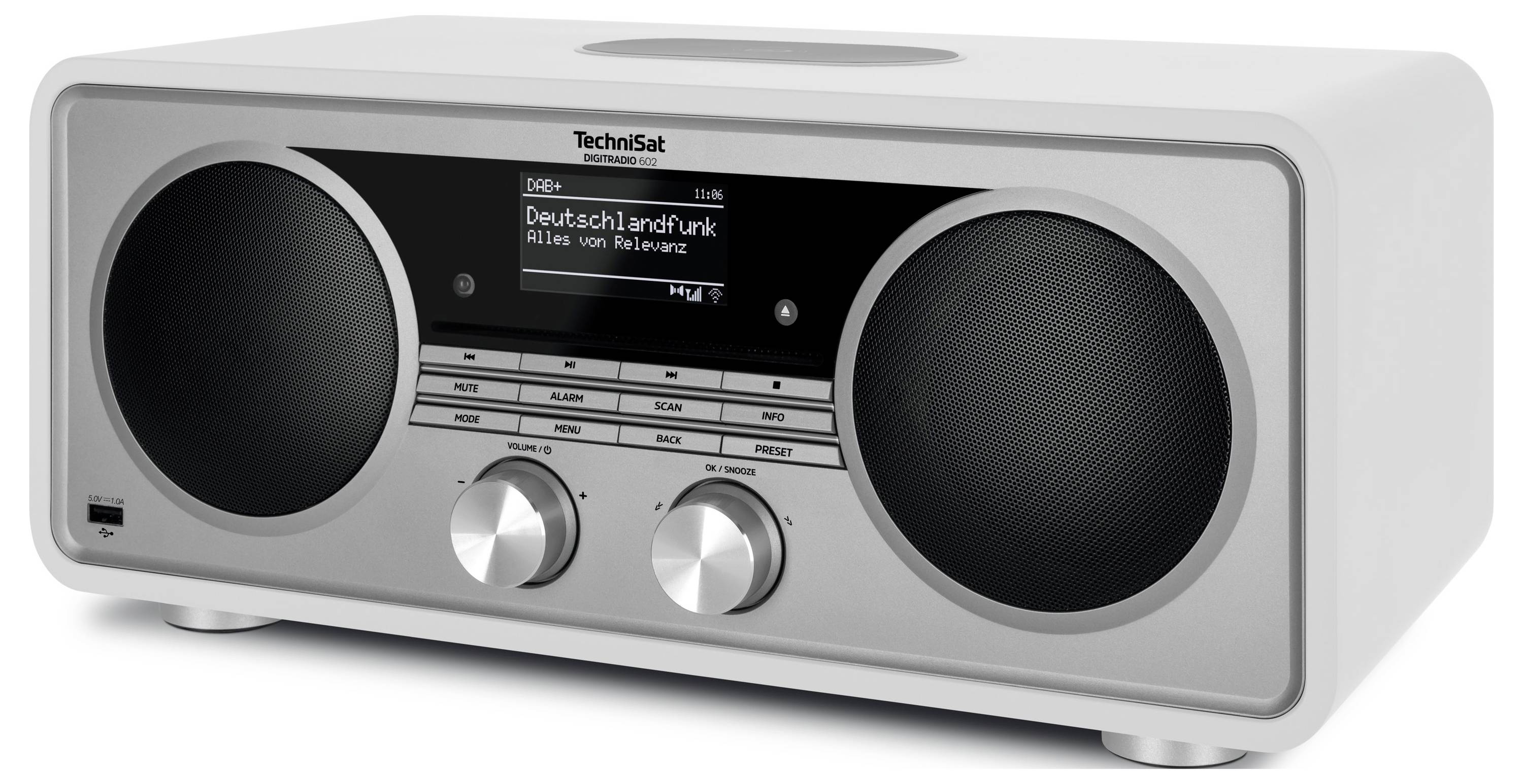Radio de table Technisat argentée avec deux grands haut-parleurs, affichage central affichant 