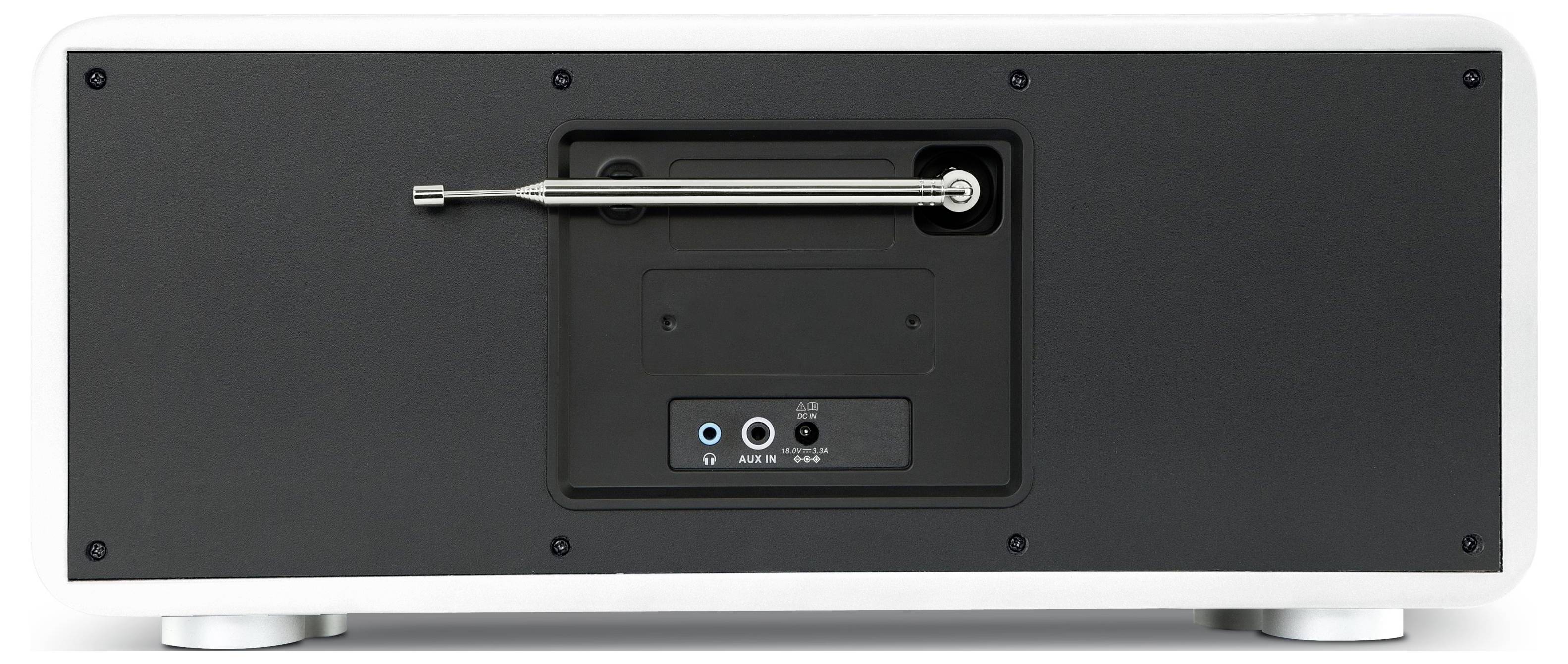 Vue arrière d'un appareil audio noir montrant un panneau de connexion central avec des ports et un bras de commande en métal, monté dans une zone encastrée rectangulaire.