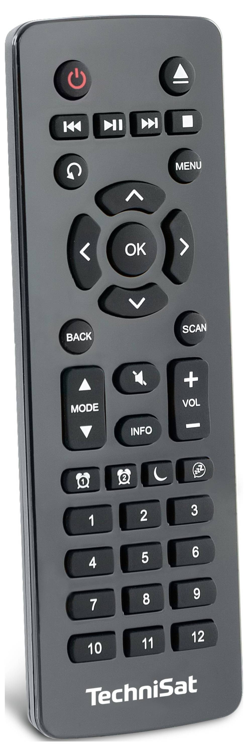 Télécommande de télévision TechniSat avec boutons de mise sous tension, pavé de navigation, menu, balayage, mode, volume, retour, info et boutons de chaînes numérotées.
