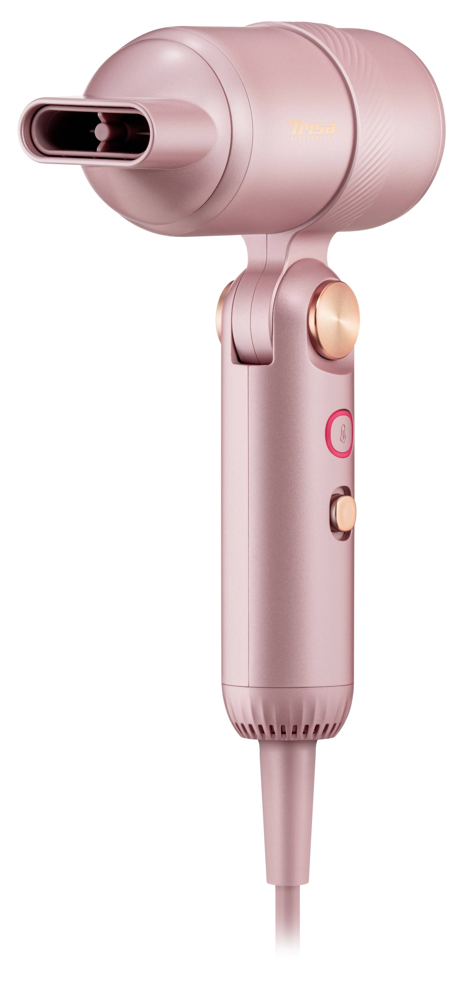 Sèche-cheveux portatif rose avec embout concentrateur, boutons de contrôle latéraux et cordon d'alimentation attaché.