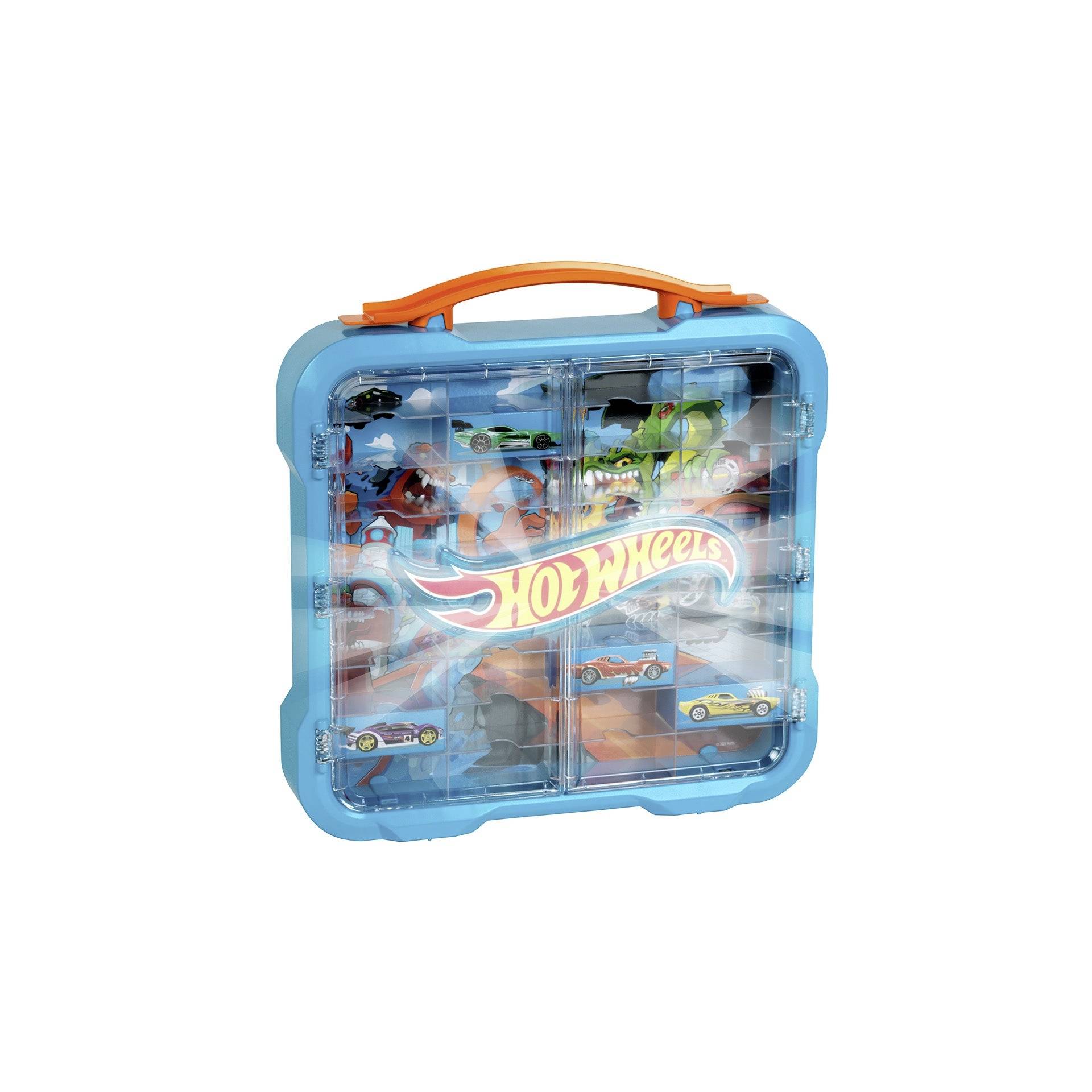 Boîtier de rangement Blue Hot Wheels avec poignée orange et façade transparente affichant plusieurs petites voitures à l'intérieur