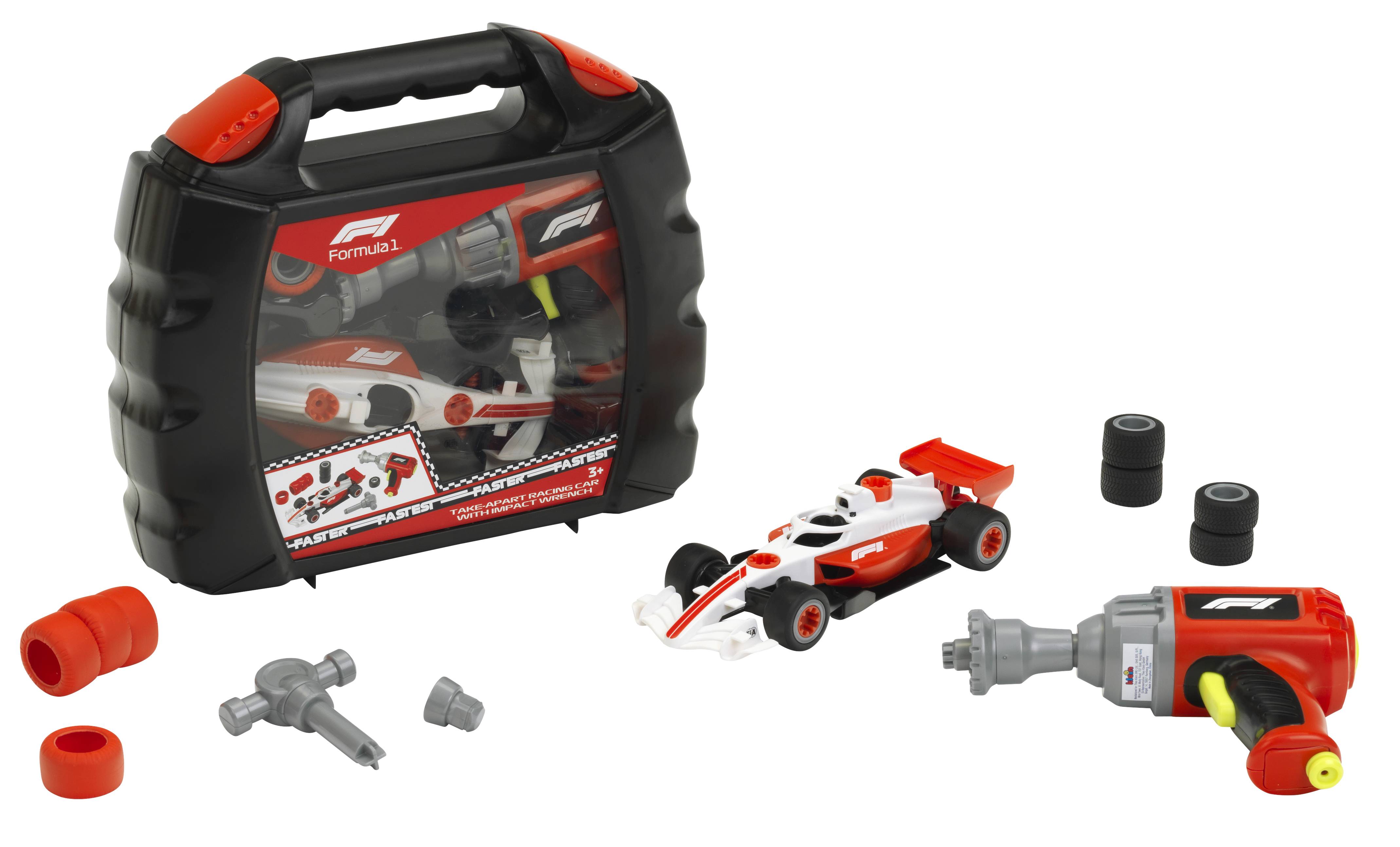 Ensemble de jeu de course automobile de Formule 1 avec étui de transport, petites pièces d'assemblage et outil de perceuse alimenté par batterie sur un fond blanc.