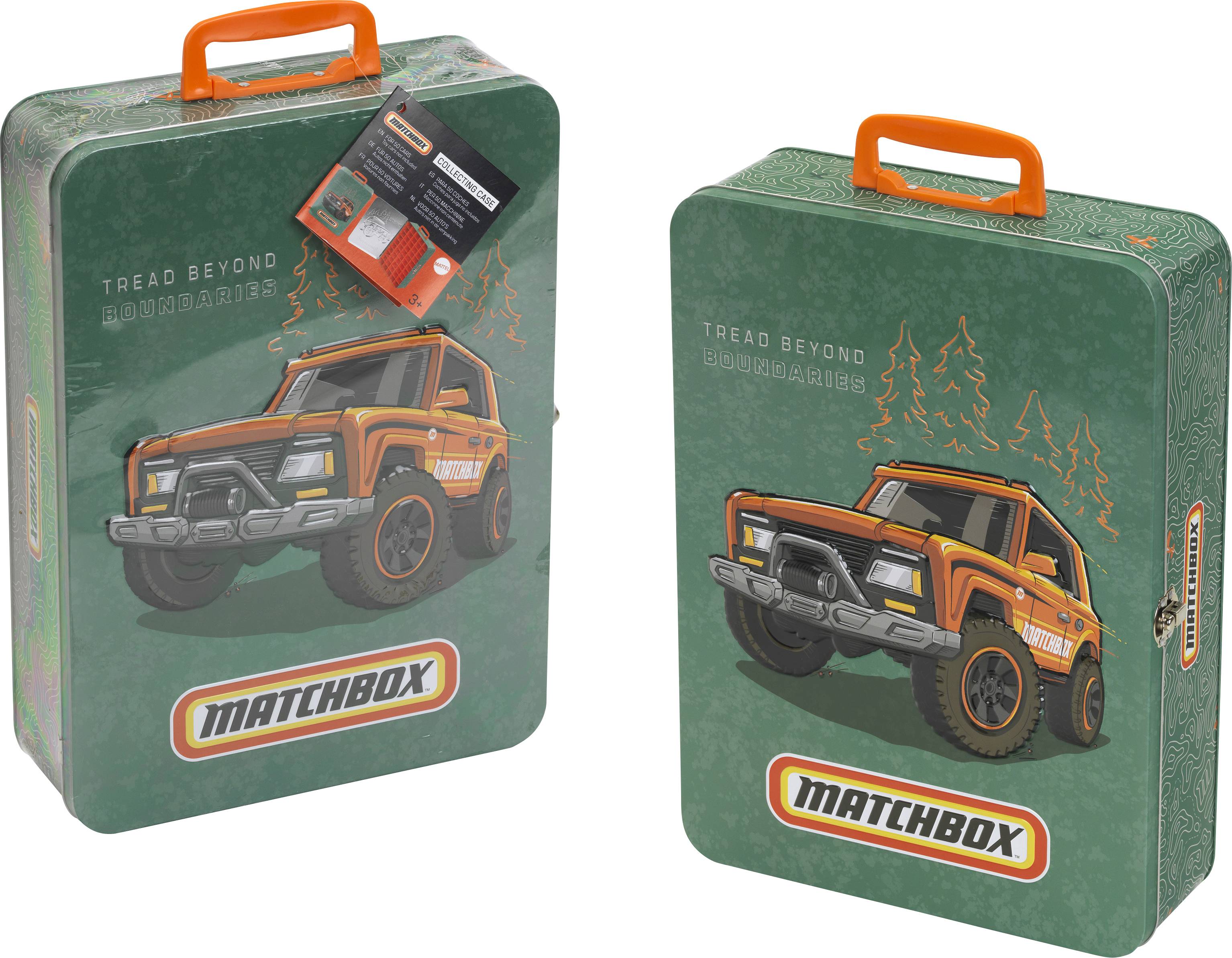 Deux boîtes de rangement pour petites voitures Matchbox avec des poignées orange, chacune présentant un SUV tout-terrain illustré et la marque « TREAD BEYOND ».