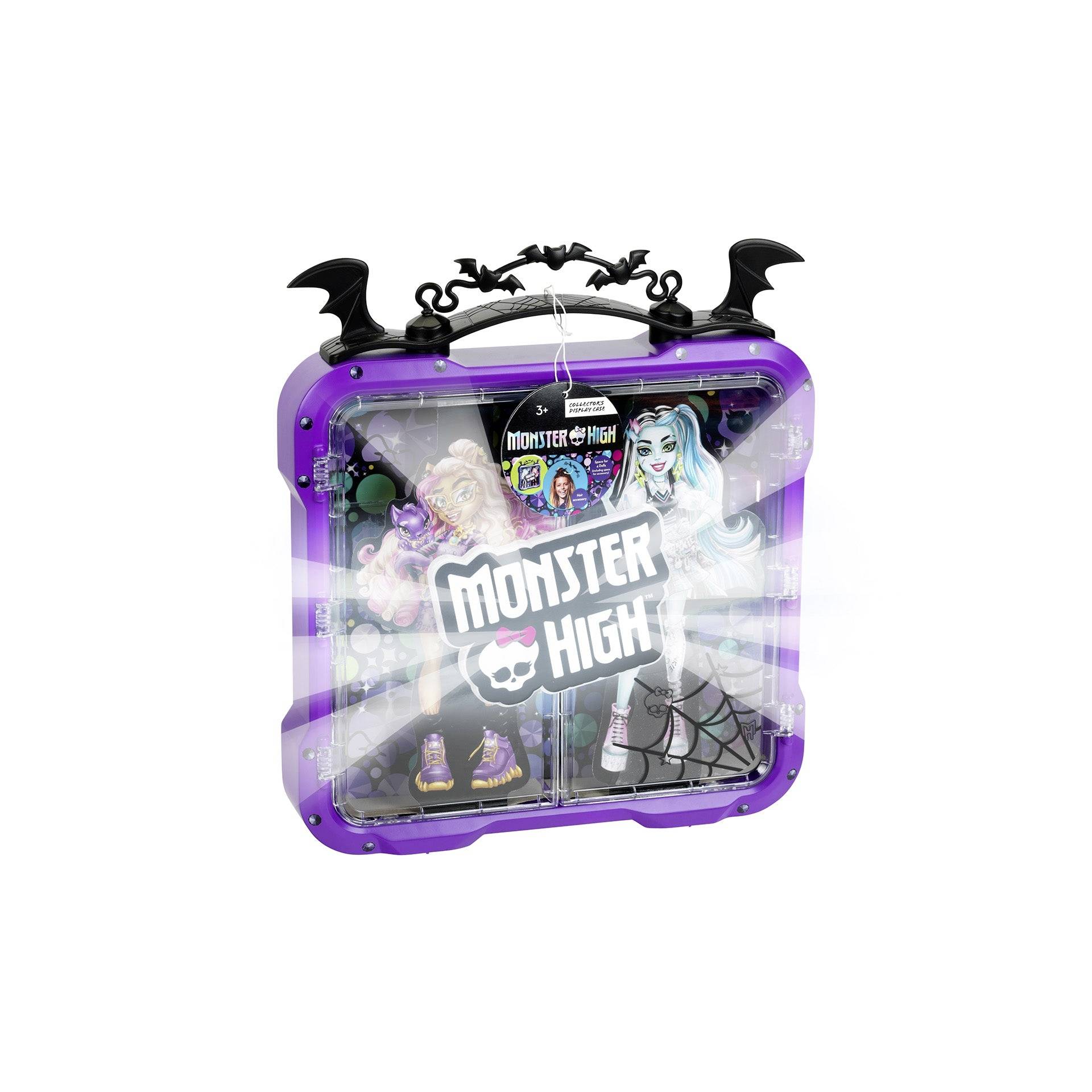 Étui de transport pour jouets thématisé Purple Monster High avec des décorationsimageCache et deux figurines de poupée visibles à l'intérieur, présenté sur un fond blanc.