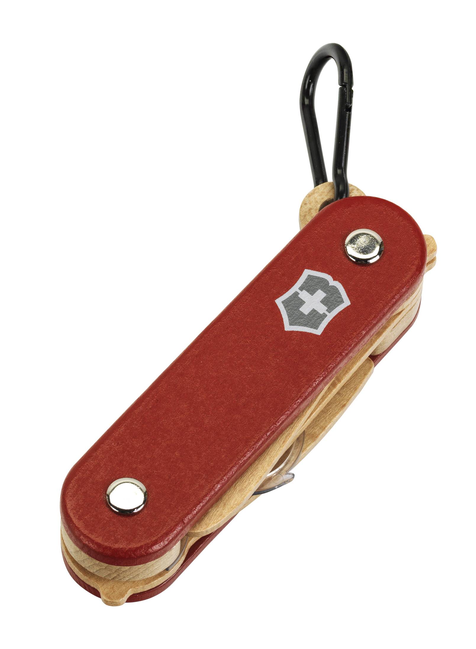 Couteau de poche de style Armée suisse rouge avec un mousqueton noir sur fond blanc.