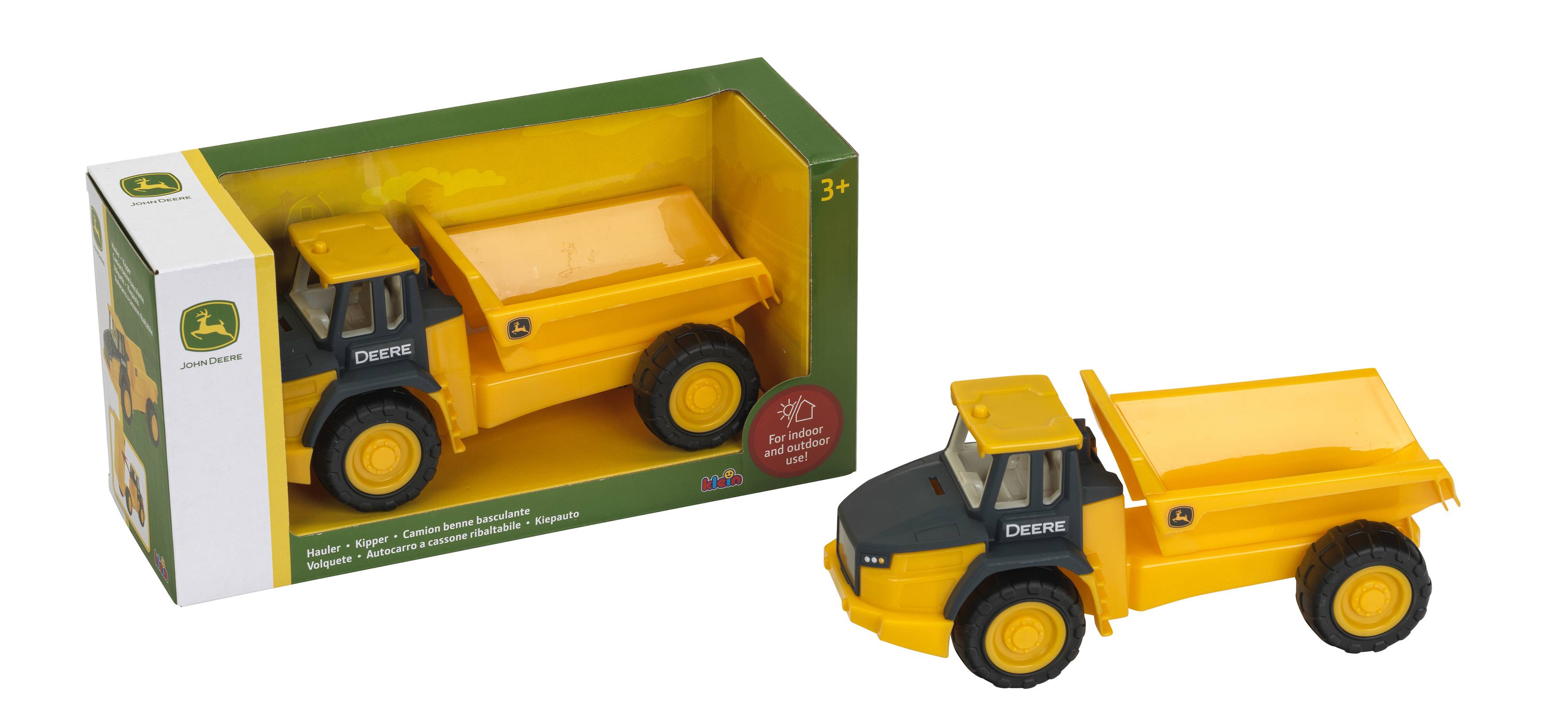 Spielzeug John Deere Kipplaster in seiner Schachtel abgebildet, mit einem gelb-schwarzen Lastwagen im Baustil neben der Verpackung abgebildet.