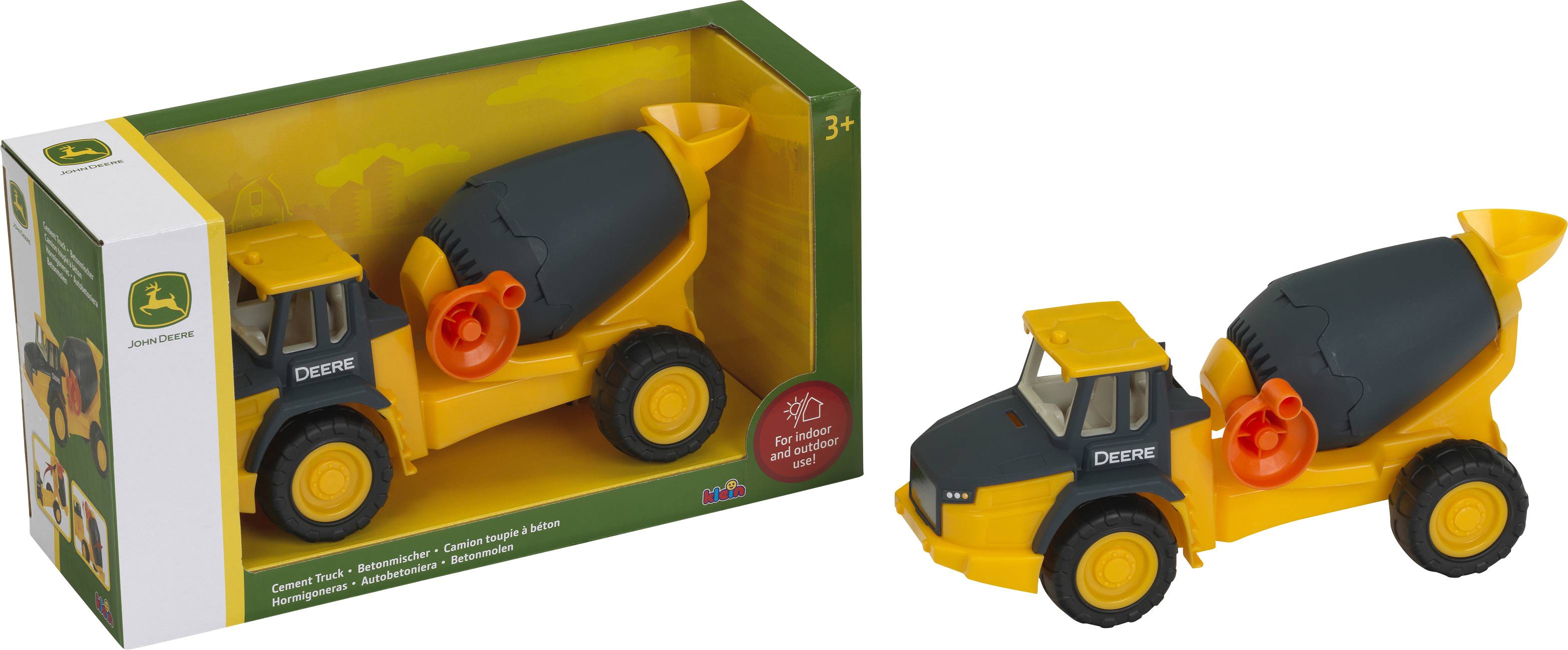 John Deere Spielzeug-Zementmischerwagen in seiner Originalverpackung, mit einer separaten Ansicht des gelb-schwarzen Lastwagens außerhalb der Verpackung.