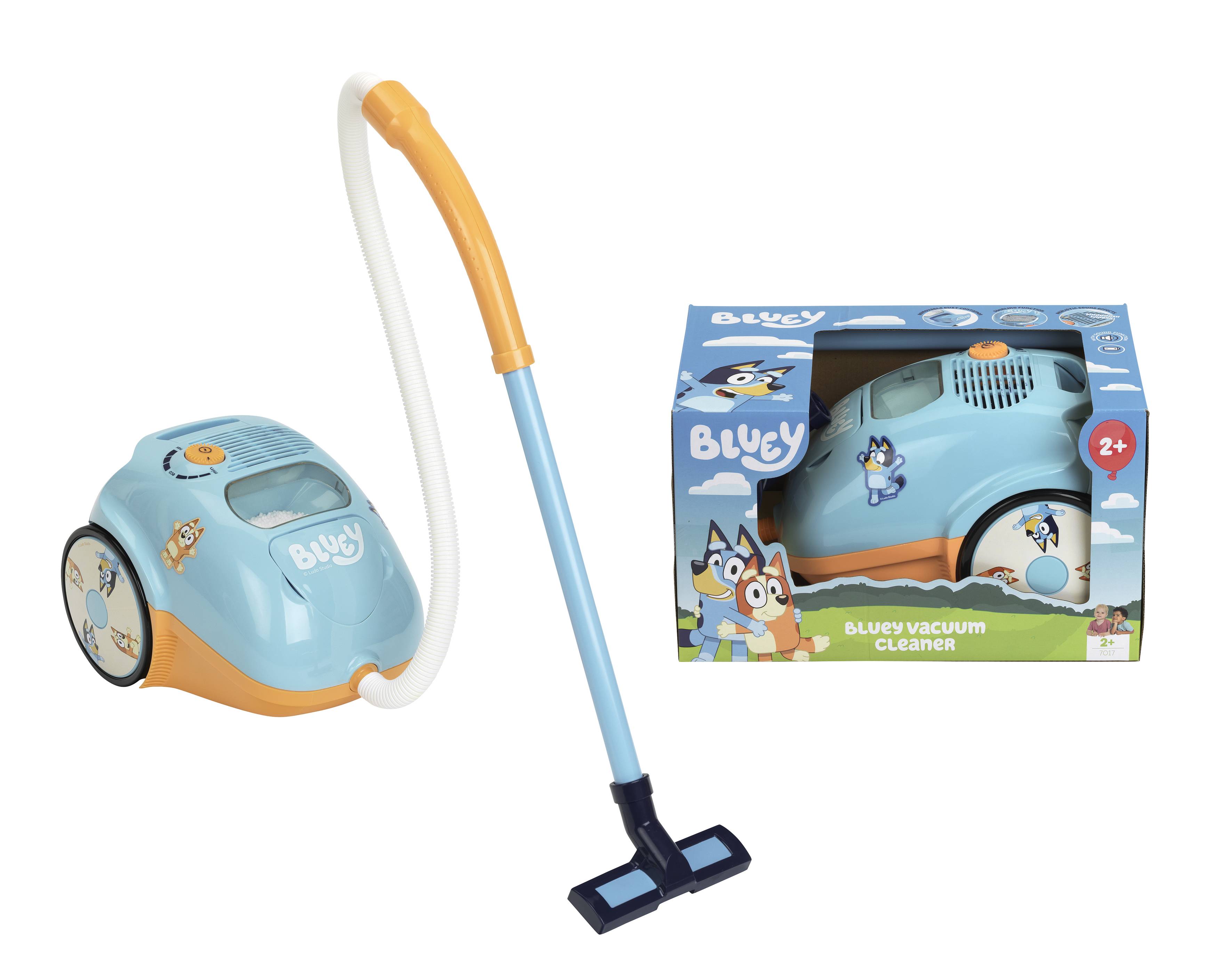 Ensemble d'aspirateur jouet Bluey avec un aspirateur bleu clair, une baguette et un embout de sol à côté de sa boîte d'emballage.